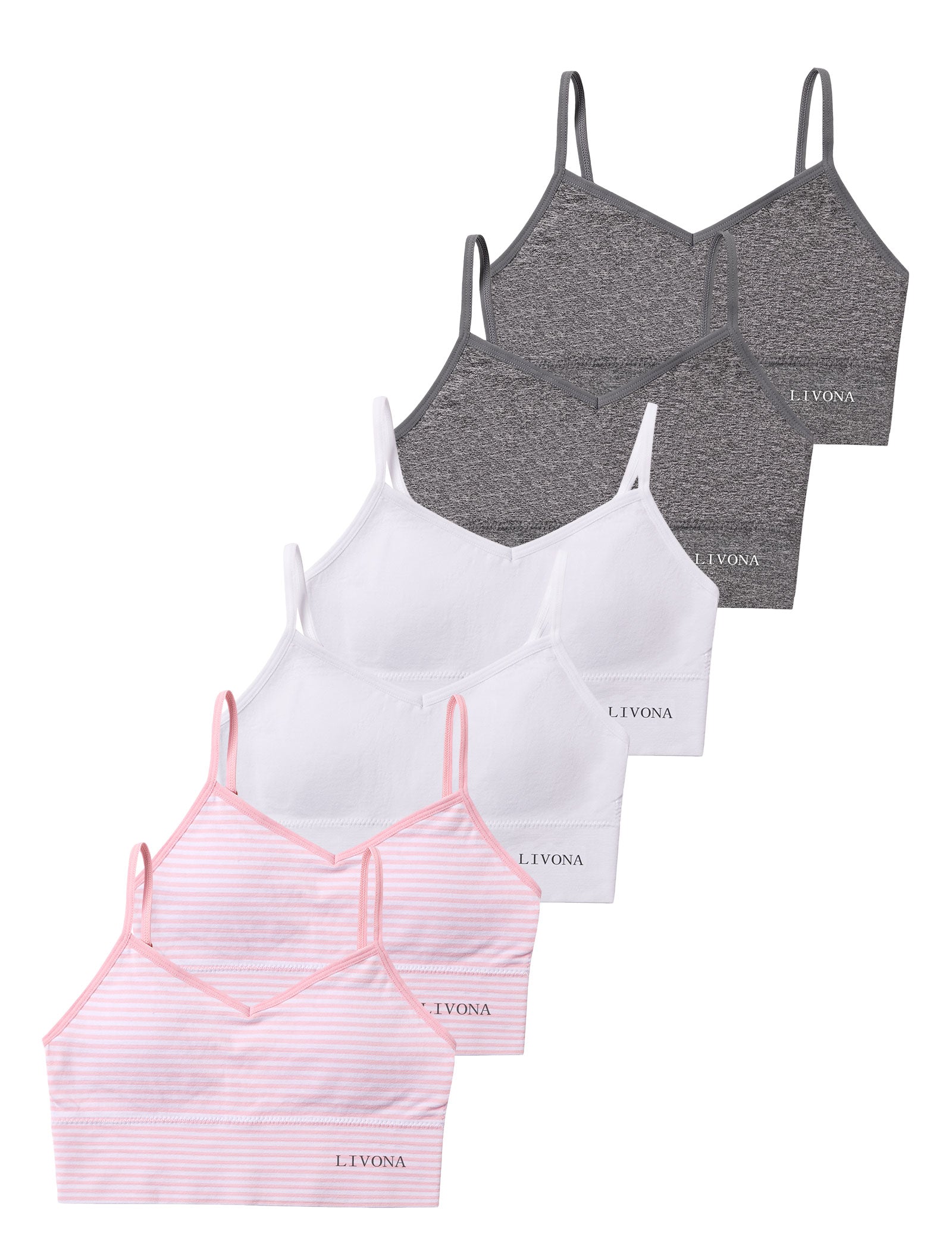 Livona 6 Pack Training Bras for Girls-Sports Bra, Fitness Bra, Padded Everyday Bra Bralette,Crop Cami Tank Top (6-14)