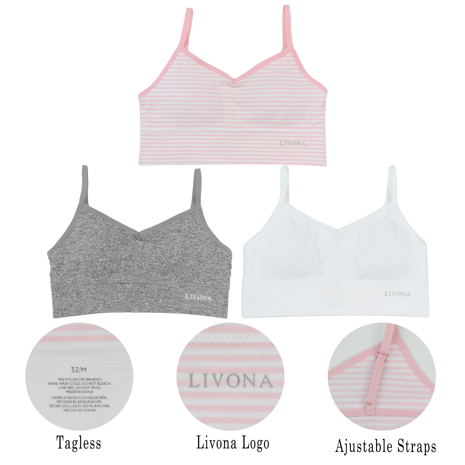 Livona 6 Pack Training Bras for Girls-Sports Bra, Fitness Bra, Padded Everyday Bra Bralette,Crop Cami Tank Top (6-14)