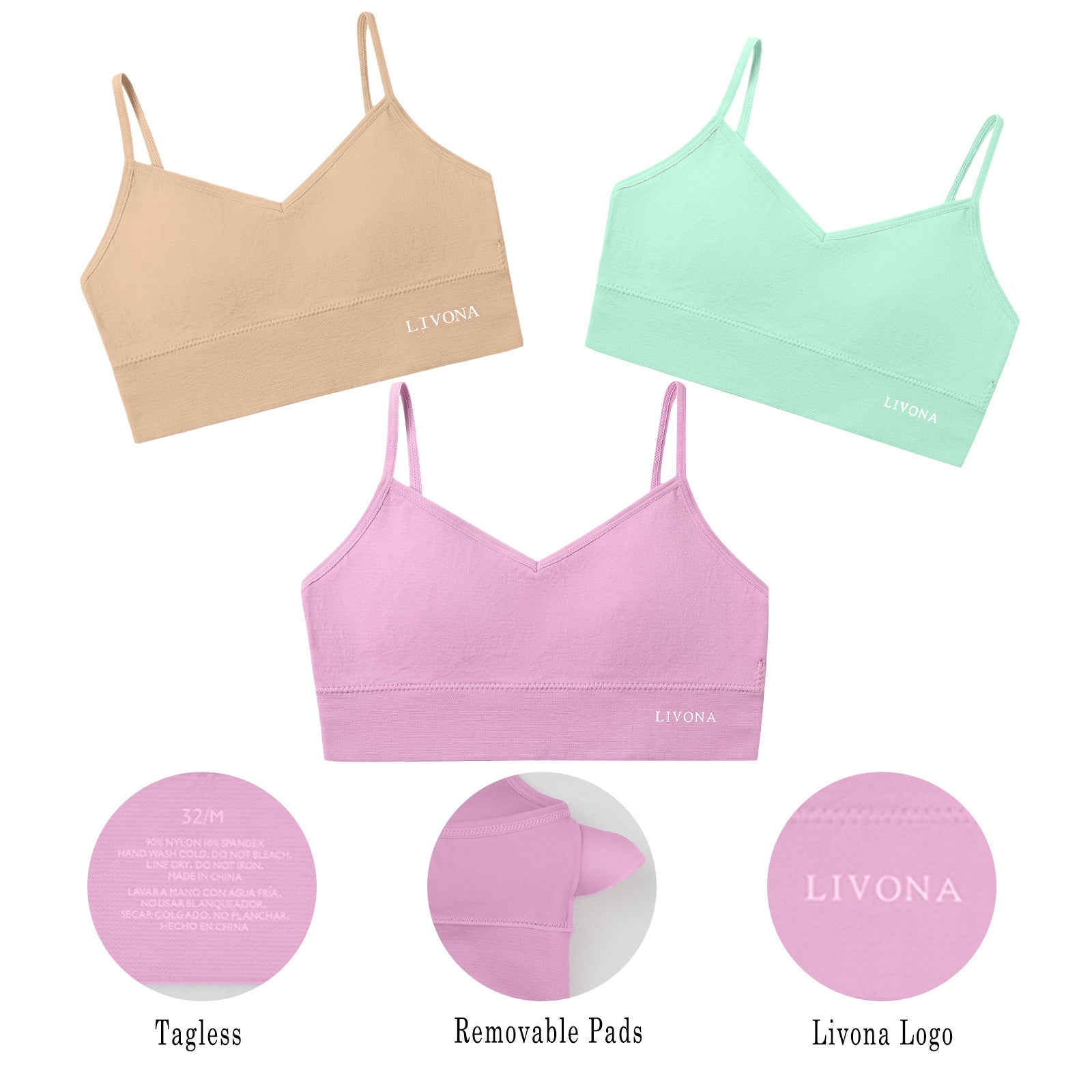 Livona 6 Pack Training Bras for Girls-Sports Bra, Fitness Bra, Padded Everyday Bra Bralette,Crop Cami Tank Top (6-14)