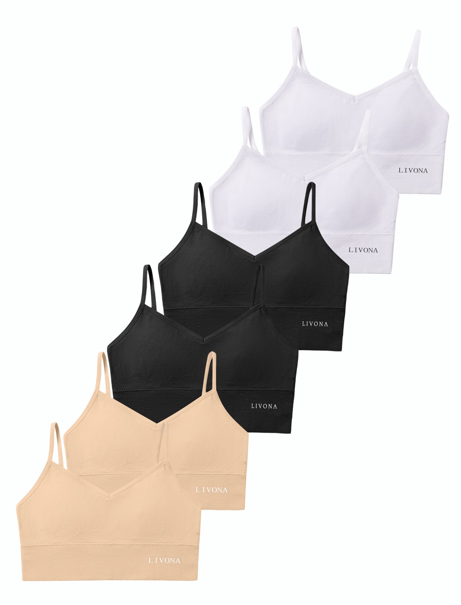 Livona 6 Pack Training Bras for Girls-Sports Bra, Fitness Bra, Padded Everyday Bra Bralette,Crop Cami Tank Top (6-14)