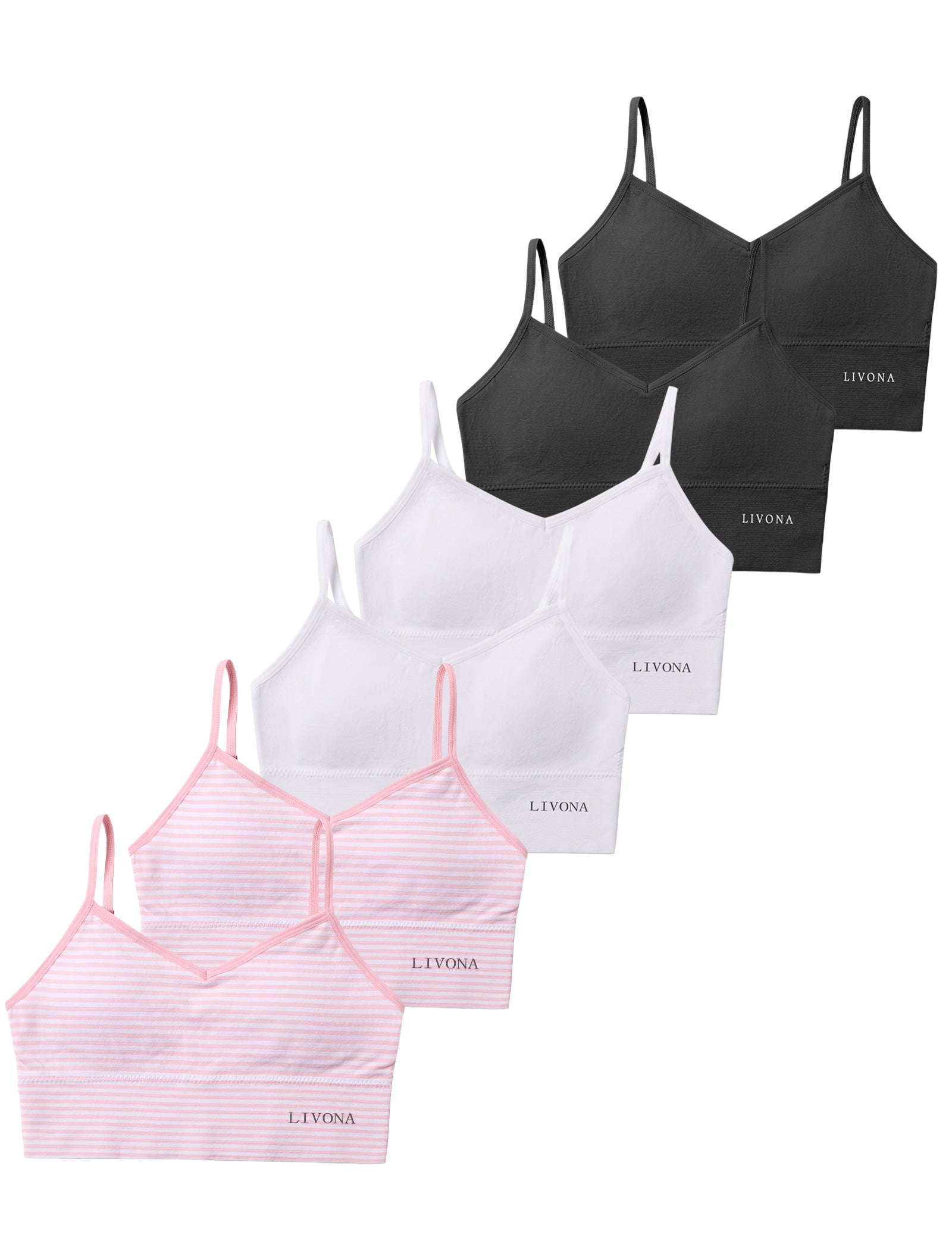 Livona 6 Pack Training Bras for Girls-Sports Bra, Fitness Bra, Padded Everyday Bra Bralette,Crop Cami Tank Top (6-14)