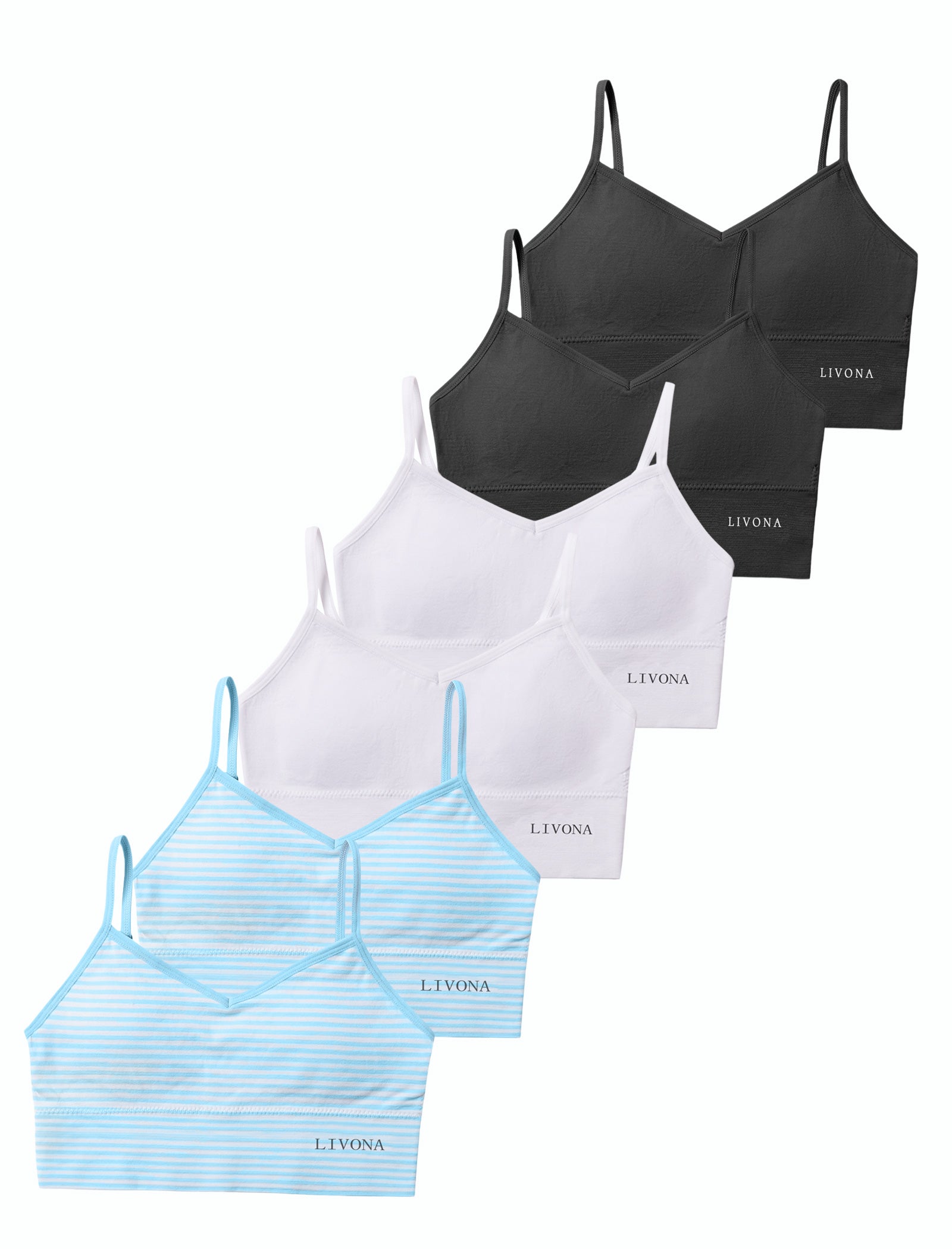 Livona 6 Pack Training Bras for Girls-Sports Bra, Fitness Bra, Padded Everyday Bra Bralette,Crop Cami Tank Top (6-14)