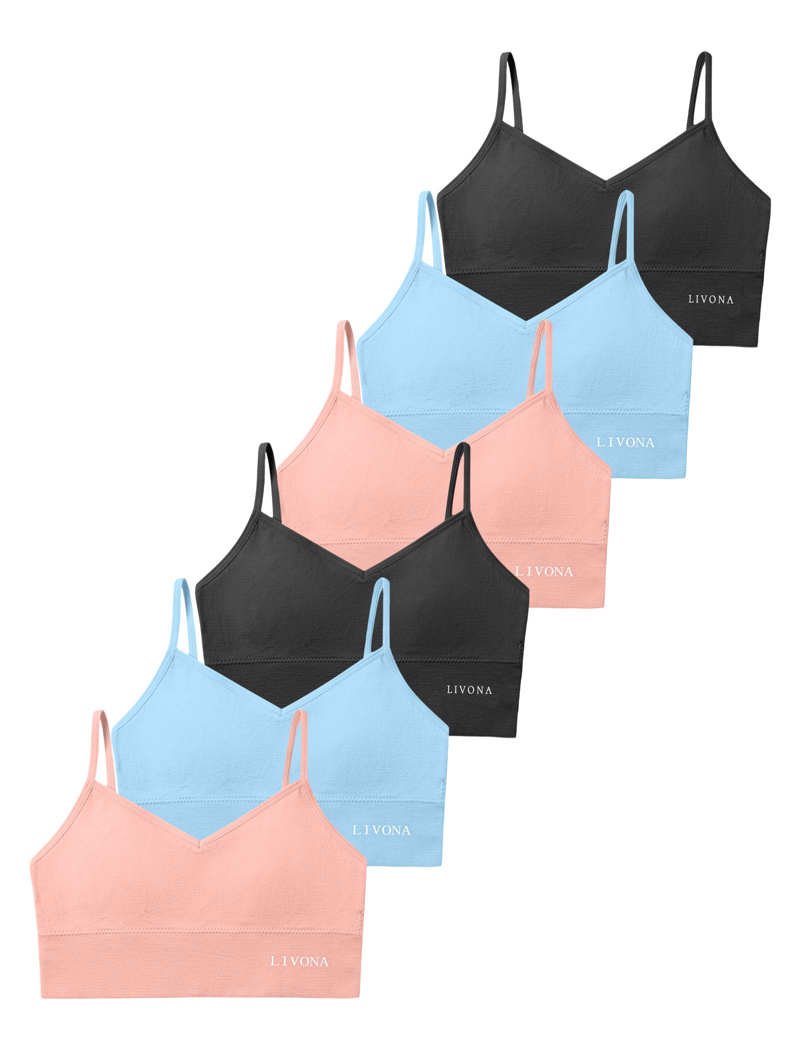 Livona 6 Pack Training Bras for Girls-Sports Bra, Fitness Bra, Padded Everyday Bra Bralette,Crop Cami Tank Top (6-14)