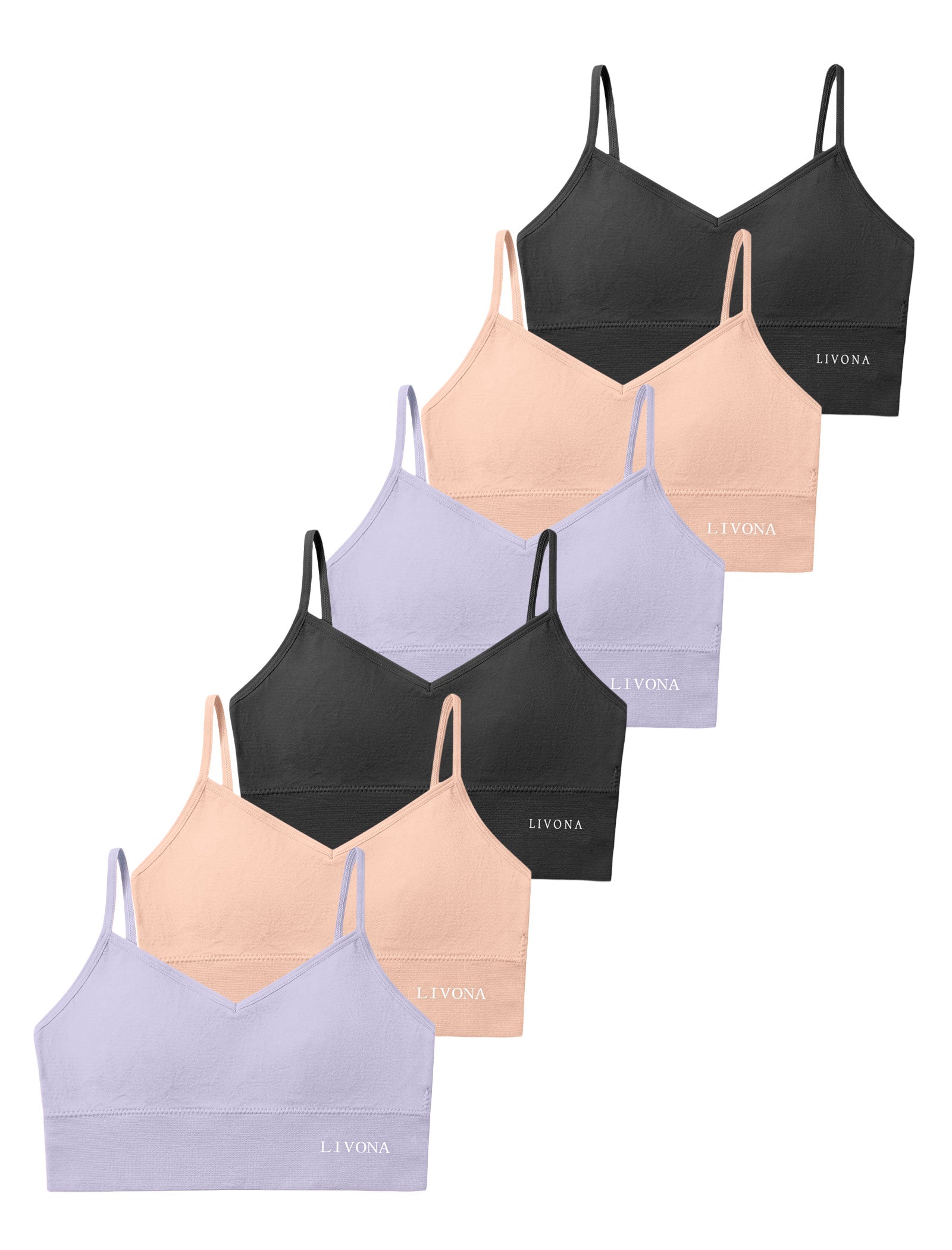 Livona 6 Pack Training Bras for Girls-Sports Bra, Fitness Bra, Padded Everyday Bra Bralette,Crop Cami Tank Top (6-14)