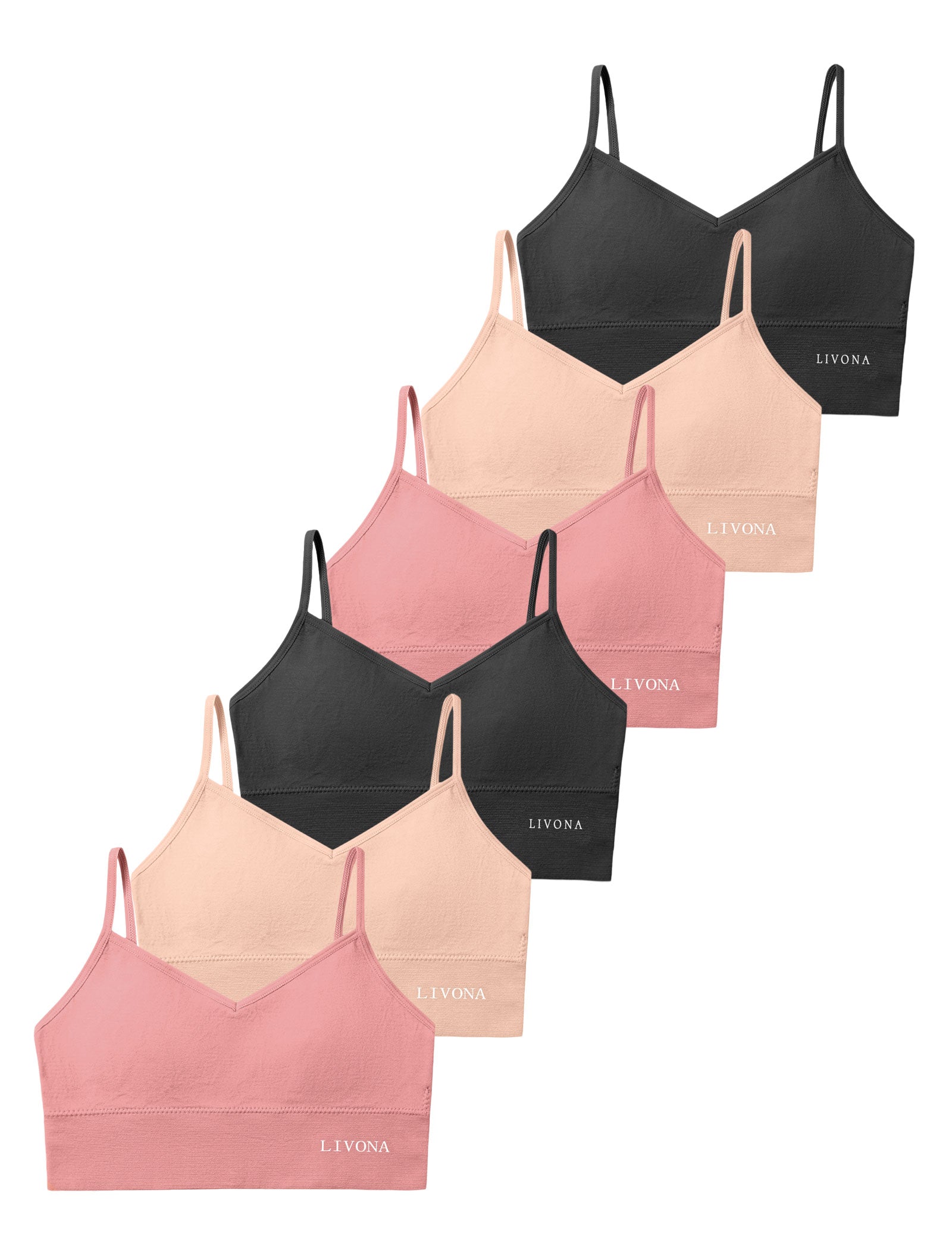Livona 6 Pack Training Bras for Girls-Sports Bra, Fitness Bra, Padded Everyday Bra Bralette,Crop Cami Tank Top (6-14)