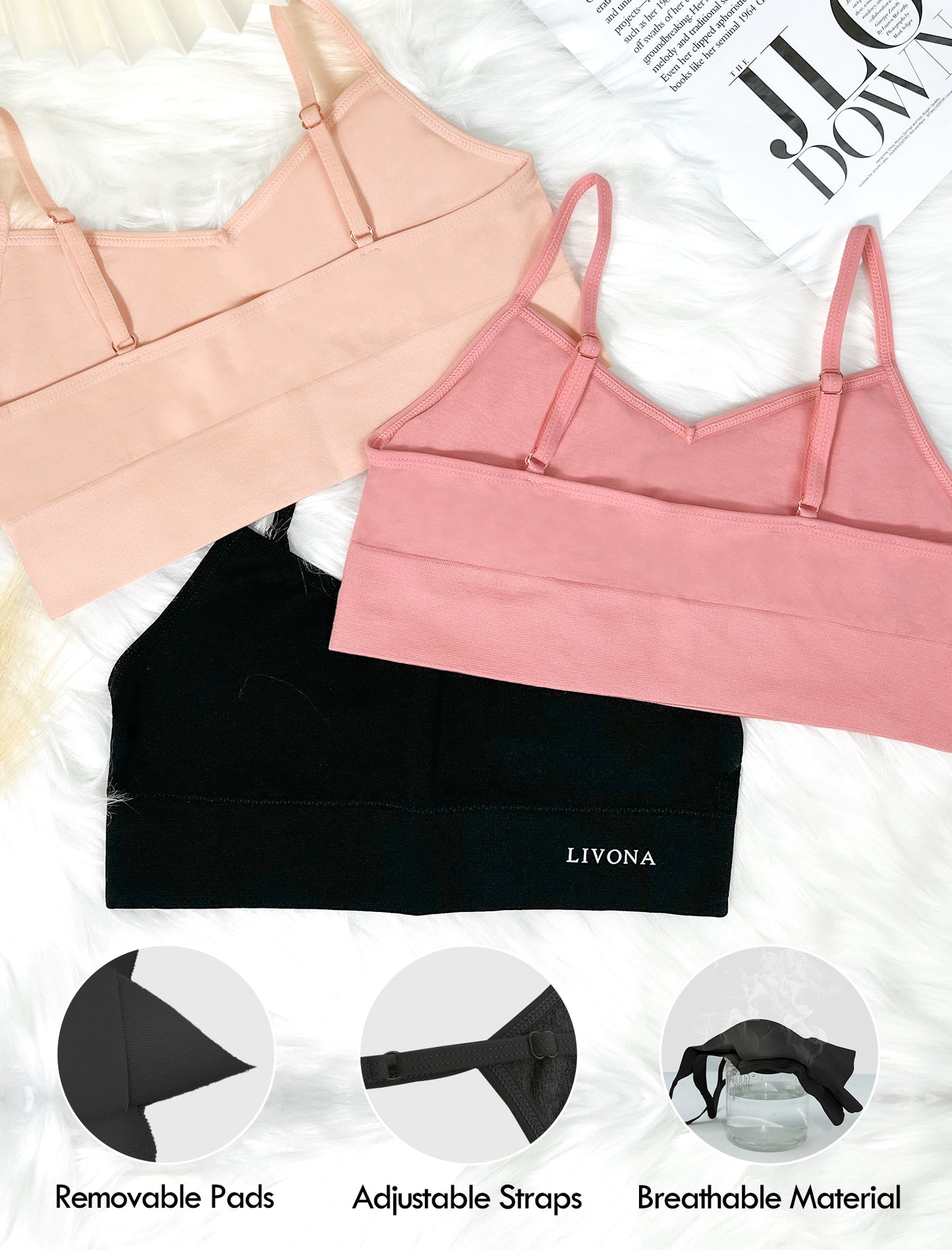 Livona 6 Pack Training Bras for Girls-Sports Bra, Fitness Bra, Padded Everyday Bra Bralette,Crop Cami Tank Top (6-14)