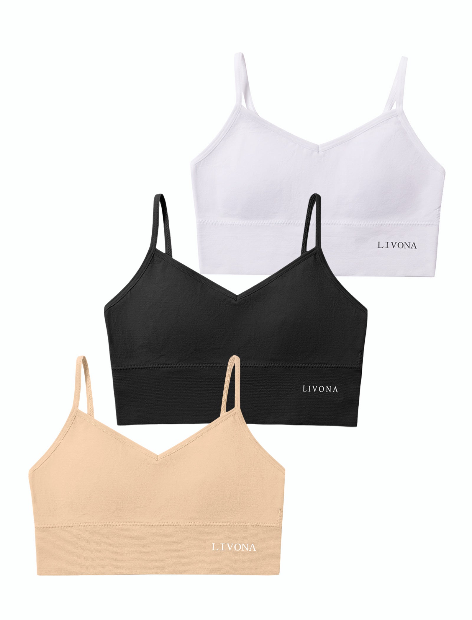 Livona 3 Pack Training Bras for Girls-Sports Bra, Fitness Bra, Padded Everyday Bra Bralette,Crop Cami Tank Top (6-14)