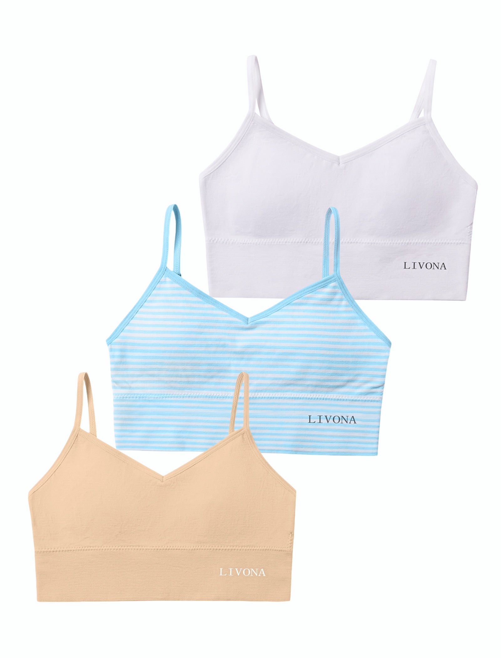 Livona 3 Pack Training Bras for Girls-Sports Bra, Fitness Bra, Padded Everyday Bra Bralette,Crop Cami Tank Top (6-14)