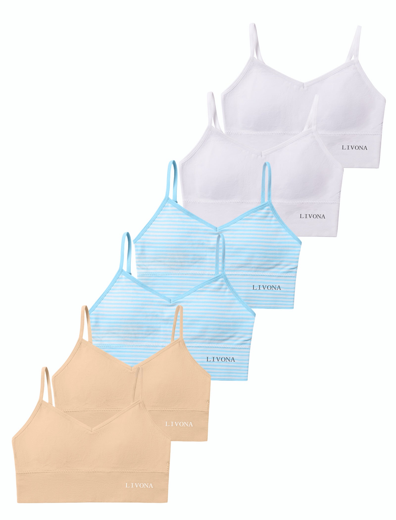 Livona 6 Pack Training Bras for Girls-Sports Bra, Fitness Bra, Padded Everyday Bra Bralette,Crop Cami Tank Top (6-14)