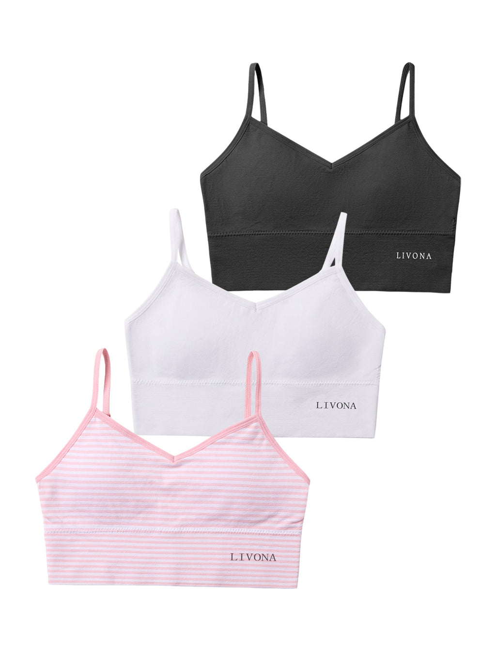 Livona 3 Pack Training Bras for Girls-Sports Bra, Fitness Bra, Padded Everyday Bra Bralette,Crop Cami Tank Top (6-14)
