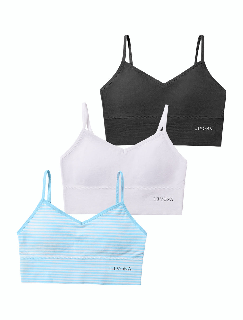 Livona 3 Pack Training Bras for Girls-Sports Bra, Fitness Bra, Padded Everyday Bra Bralette,Crop Cami Tank Top (6-14)