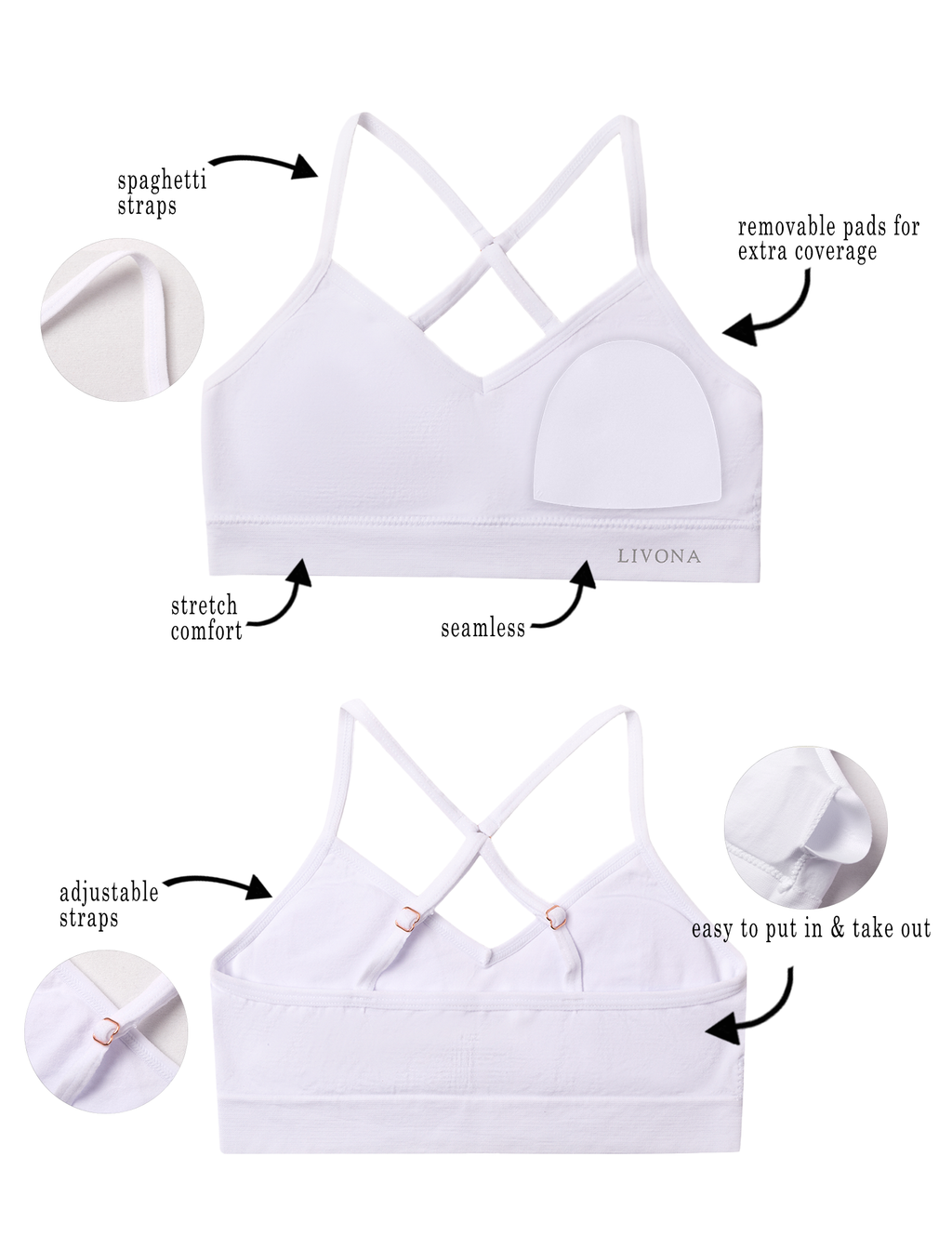 Livona Racerback Training Bra for Girls- 3 Pack Seamless Sports Bra, Padded Everyday Bra Bralette,Crop Cami Tank Top (6-14)