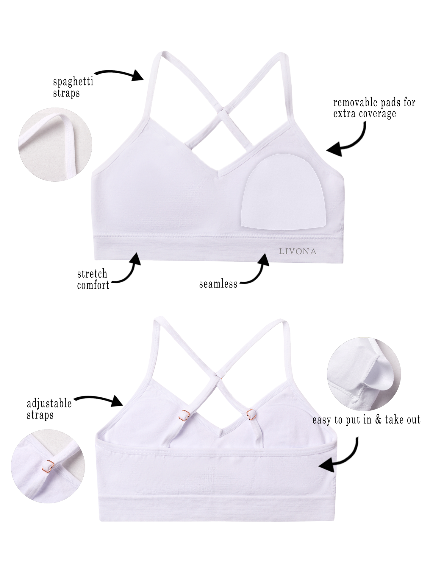 Livona Racerback Training Bra for Girls- 3 Pack Seamless Sports Bra, Padded Everyday Bra Bralette,Crop Cami Tank Top (6-14)