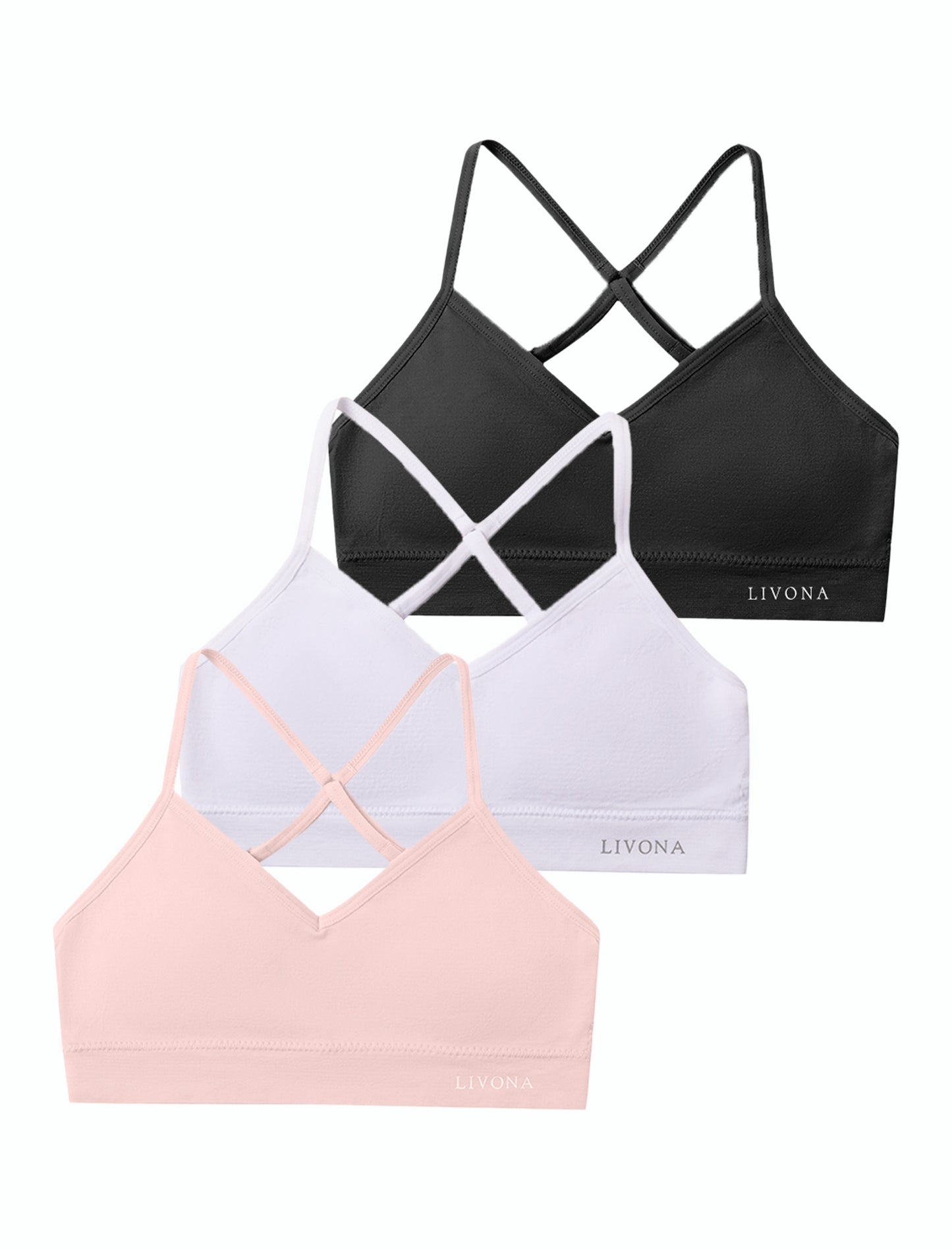 Livona Racerback Training Bra for Girls- 3 Pack Seamless Sports Bra, Padded Everyday Bra Bralette,Crop Cami Tank Top (6-14)