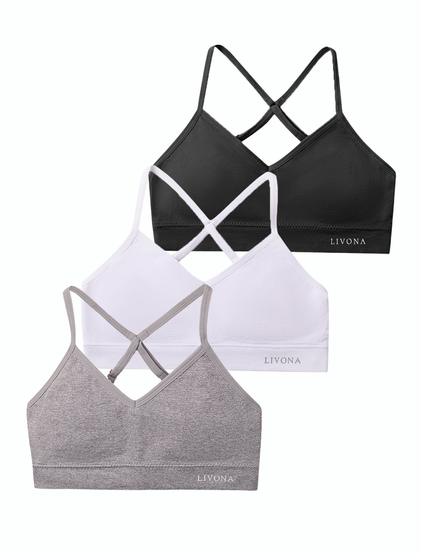 Livona Racerback Training Bra for Girls- 3 Pack Seamless Sports Bra, Padded Everyday Bra Bralette,Crop Cami Tank Top (6-14)