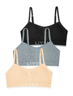 Livona 3 Pack Training Bras for Girls-Sports Bra for Teen Ribbed Wireless Bralette Fitness Padded Crop Cami Tank Top(6-14)
