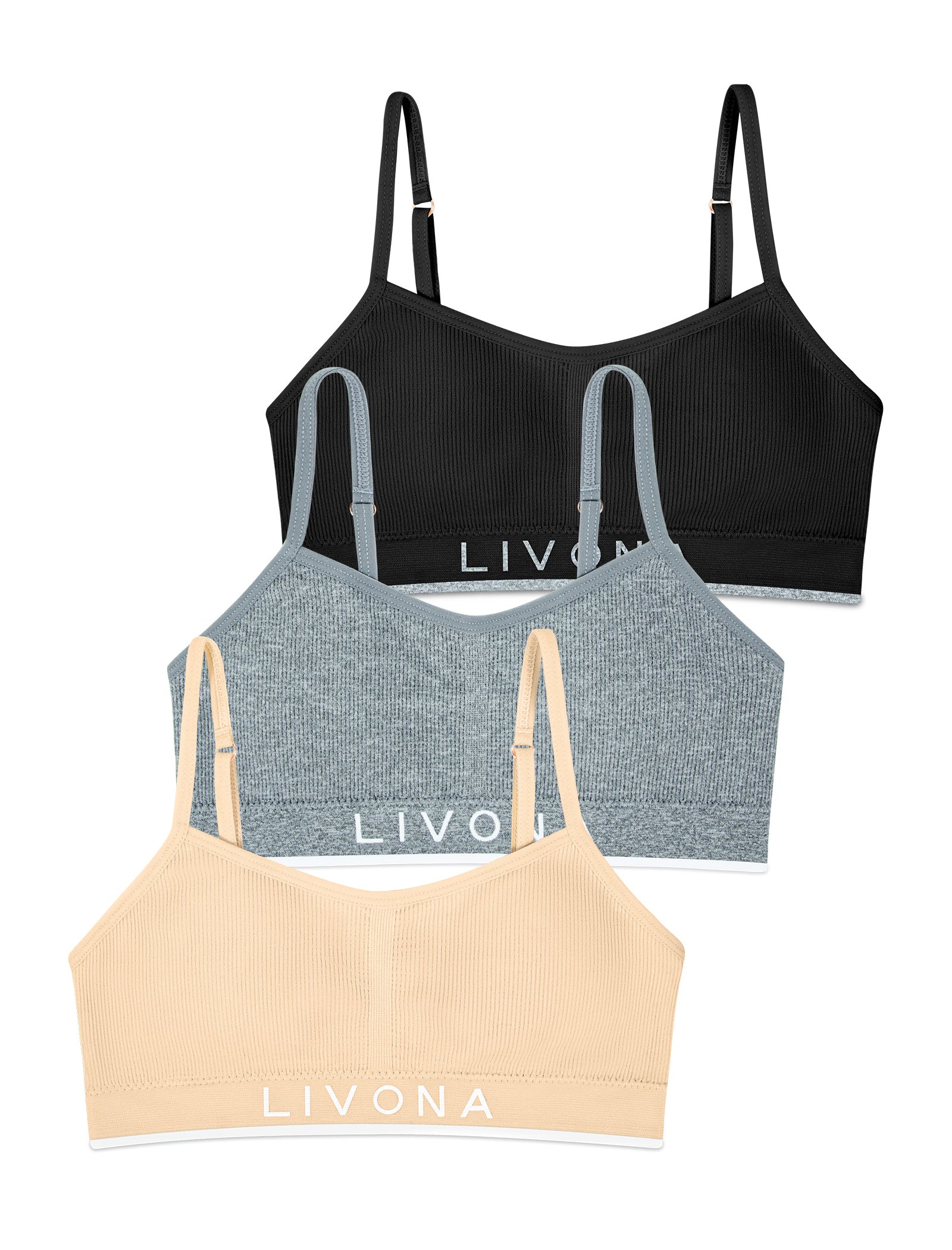 Livona 3 Pack Training Bras for Girls-Sports Bra for Teen Ribbed Wireless Bralette Fitness Padded Crop Cami Tank Top(6-14)