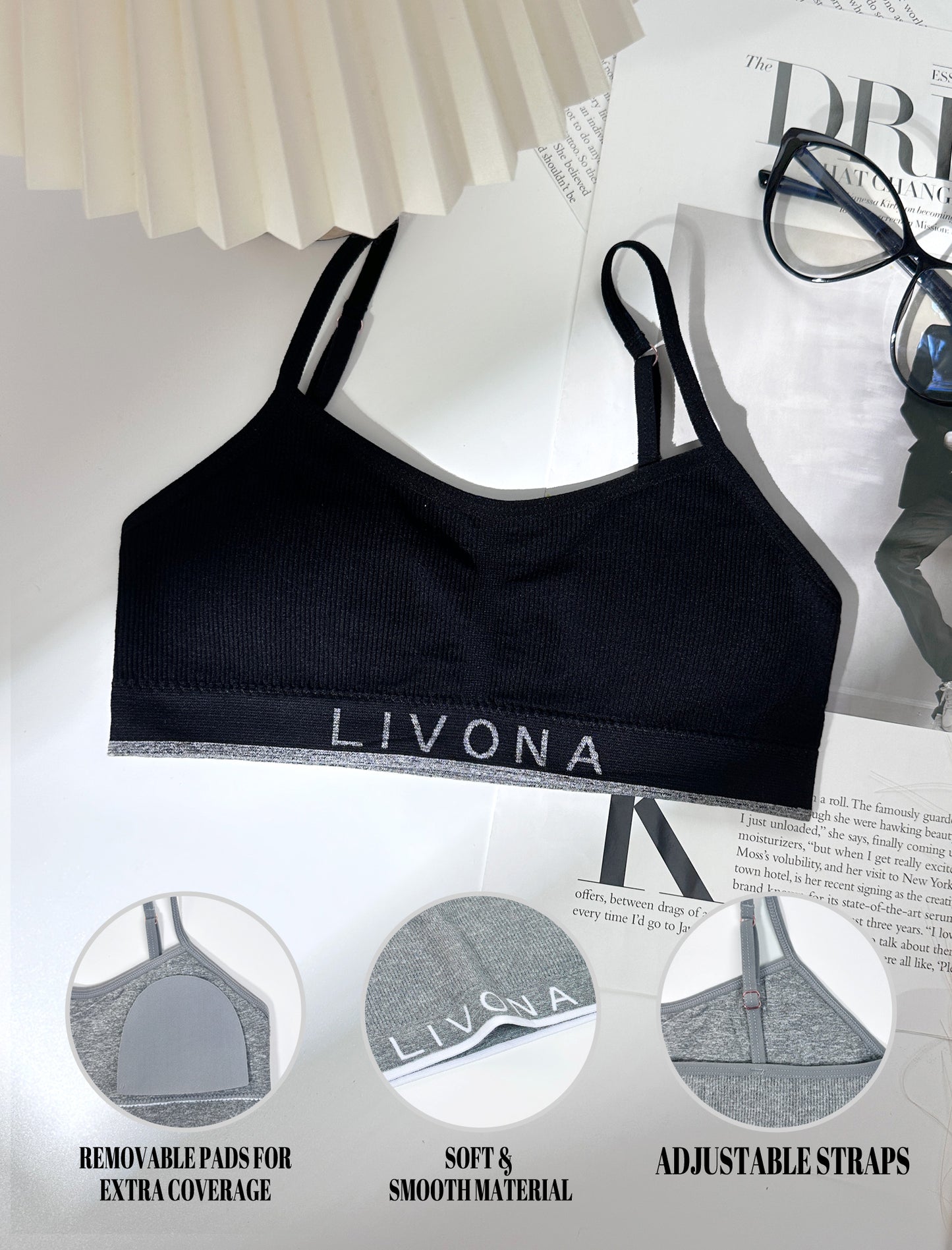 Livona 3 Pack Training Bras for Girls-Sports Bra for Teen Ribbed Wireless Bralette Fitness Padded Crop Cami Tank Top(6-14)