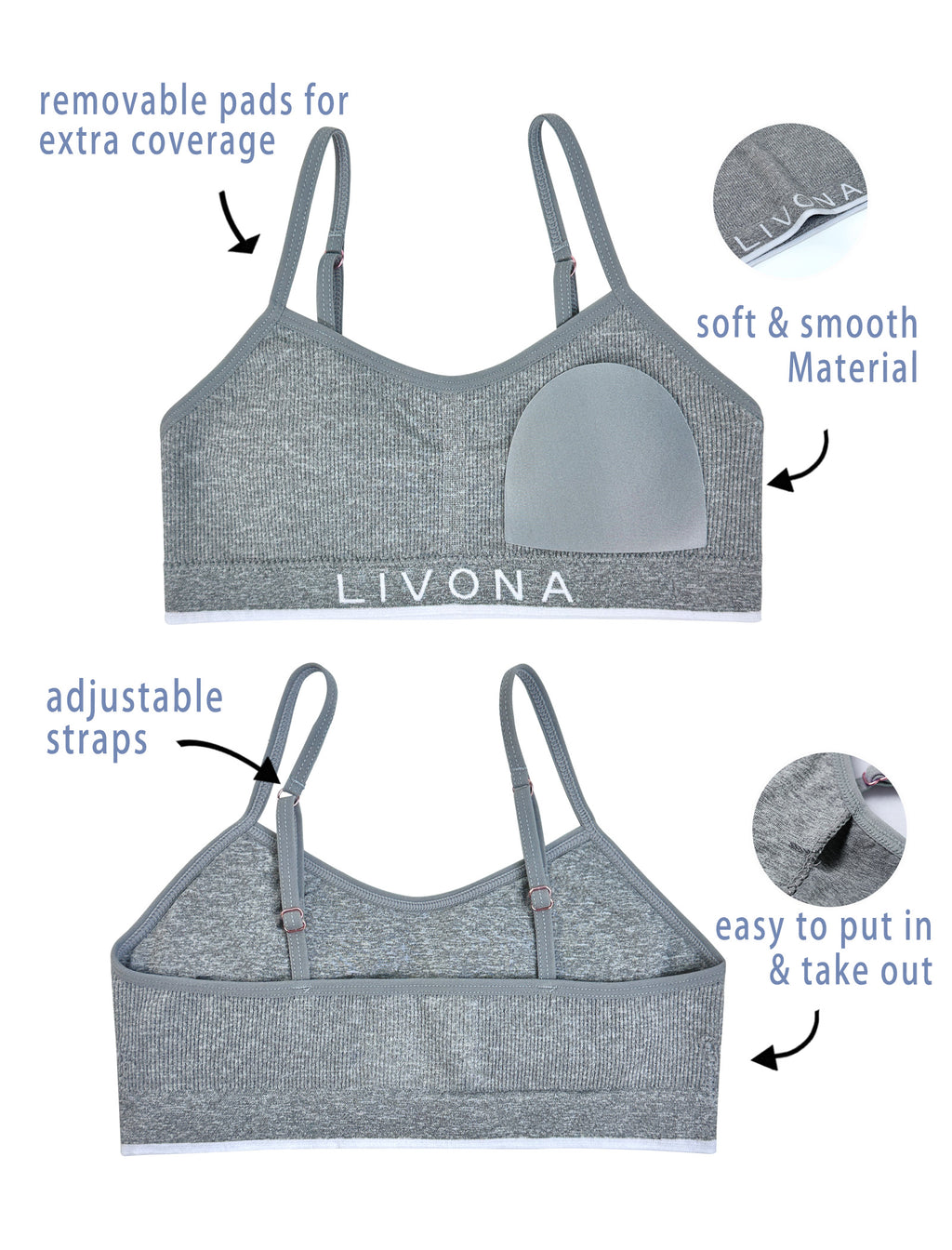 Livona 3 Pack Training Bras for Girls-Sports Bra for Teen Ribbed Wireless Bralette Fitness Padded Crop Cami Tank Top(6-14)