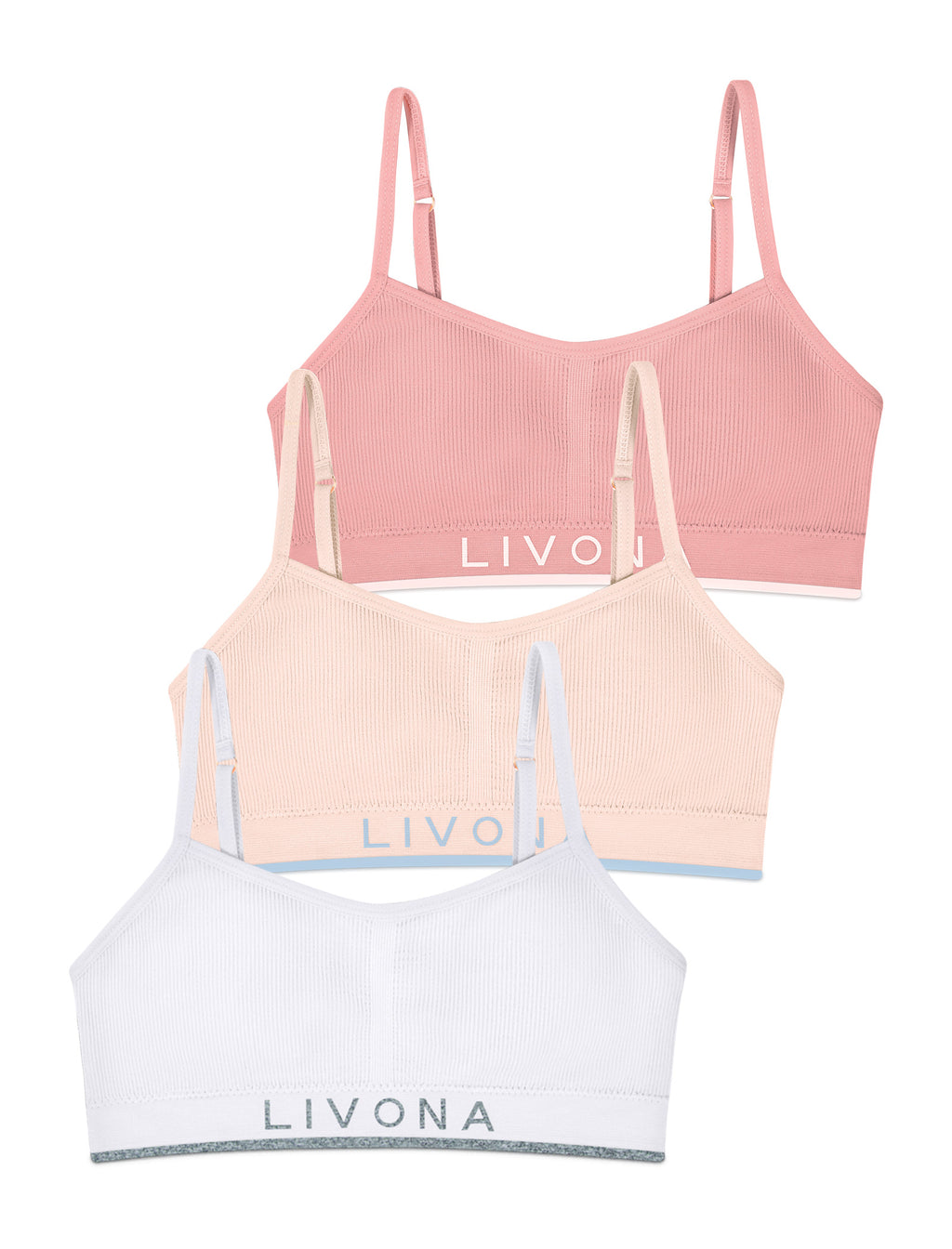 Livona 3 Pack Training Bras for Girls-Sports Bra for Teen Ribbed Wireless Bralette Fitness Padded Crop Cami Tank Top(6-14)