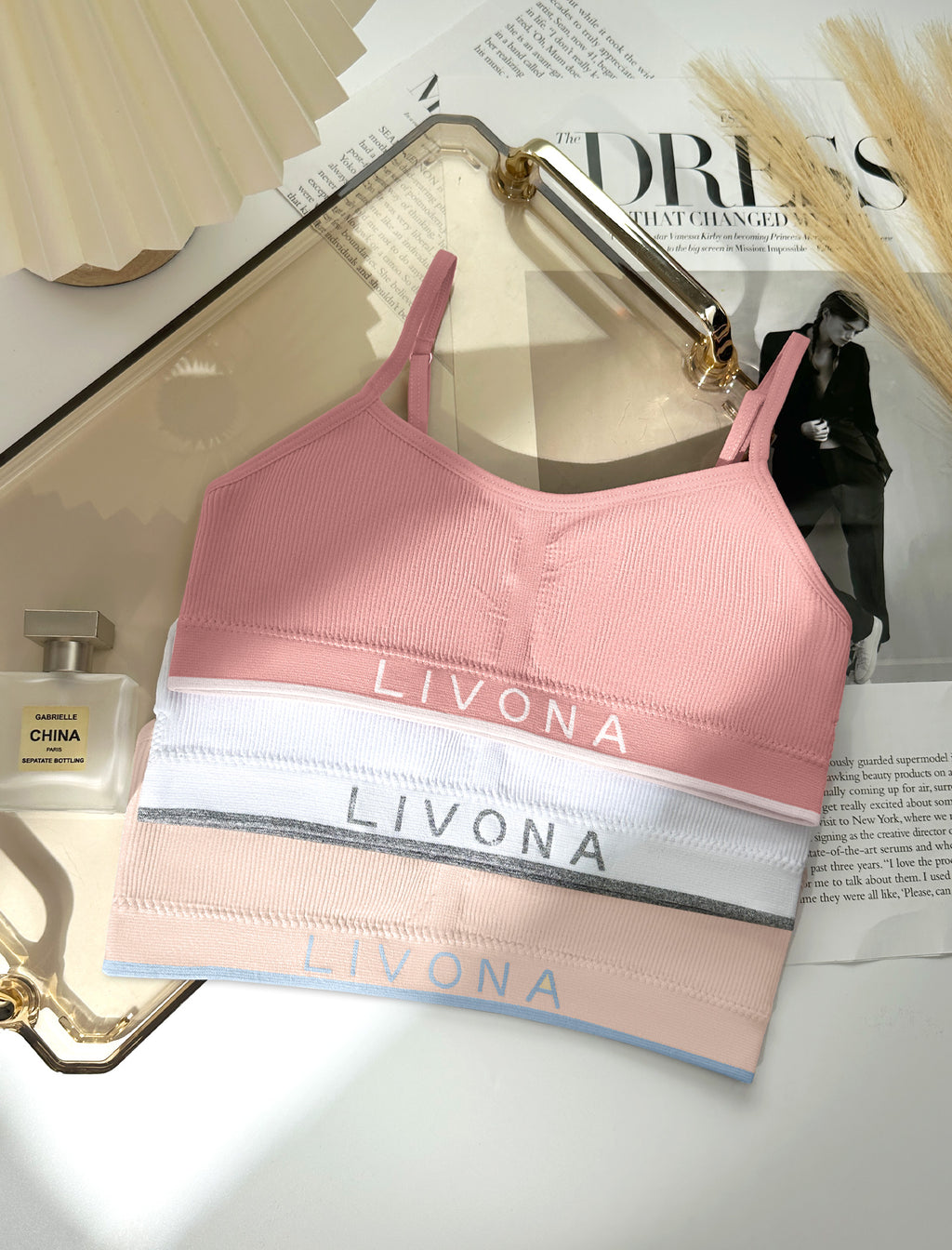 Livona 3 Pack Training Bras for Girls-Sports Bra for Teen Ribbed Wireless Bralette Fitness Padded Crop Cami Tank Top(6-14)