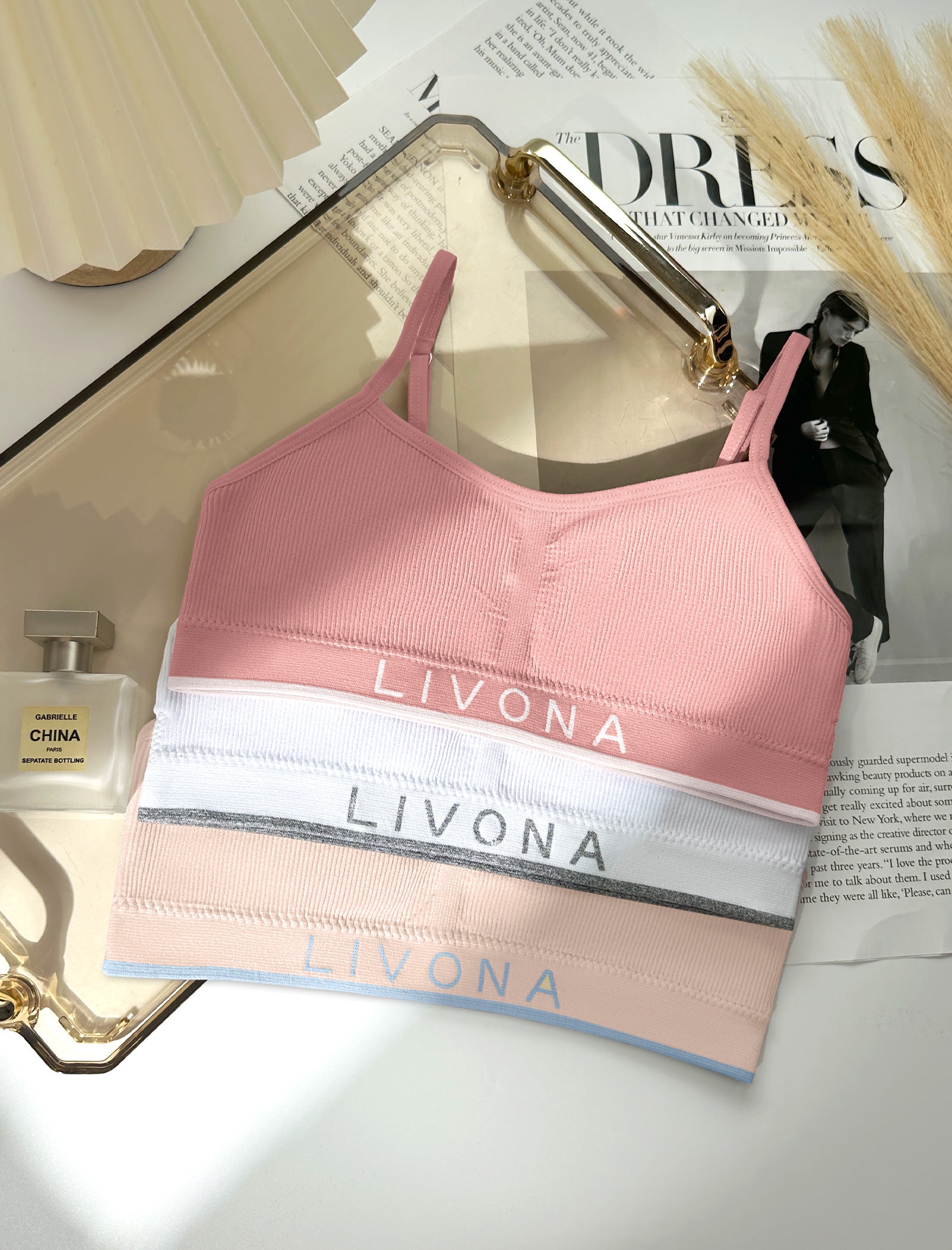 Livona 3 Pack Training Bras for Girls-Sports Bra for Teen Ribbed Wireless Bralette Fitness Padded Crop Cami Tank Top(6-14)