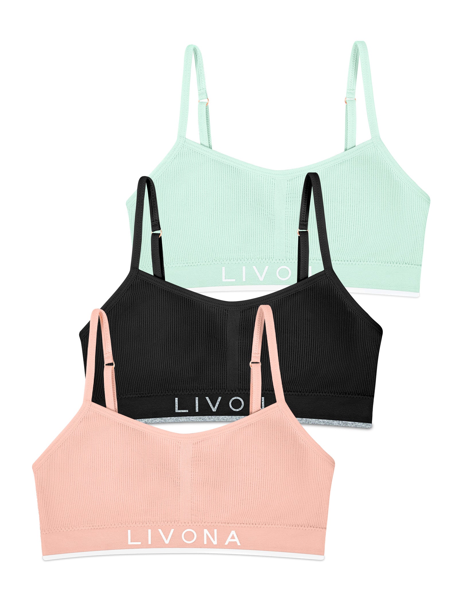 Livona 3 Pack Training Bras for Girls-Sports Bra for Teen Ribbed Wireless Bralette Fitness Padded Crop Cami Tank Top(6-14)