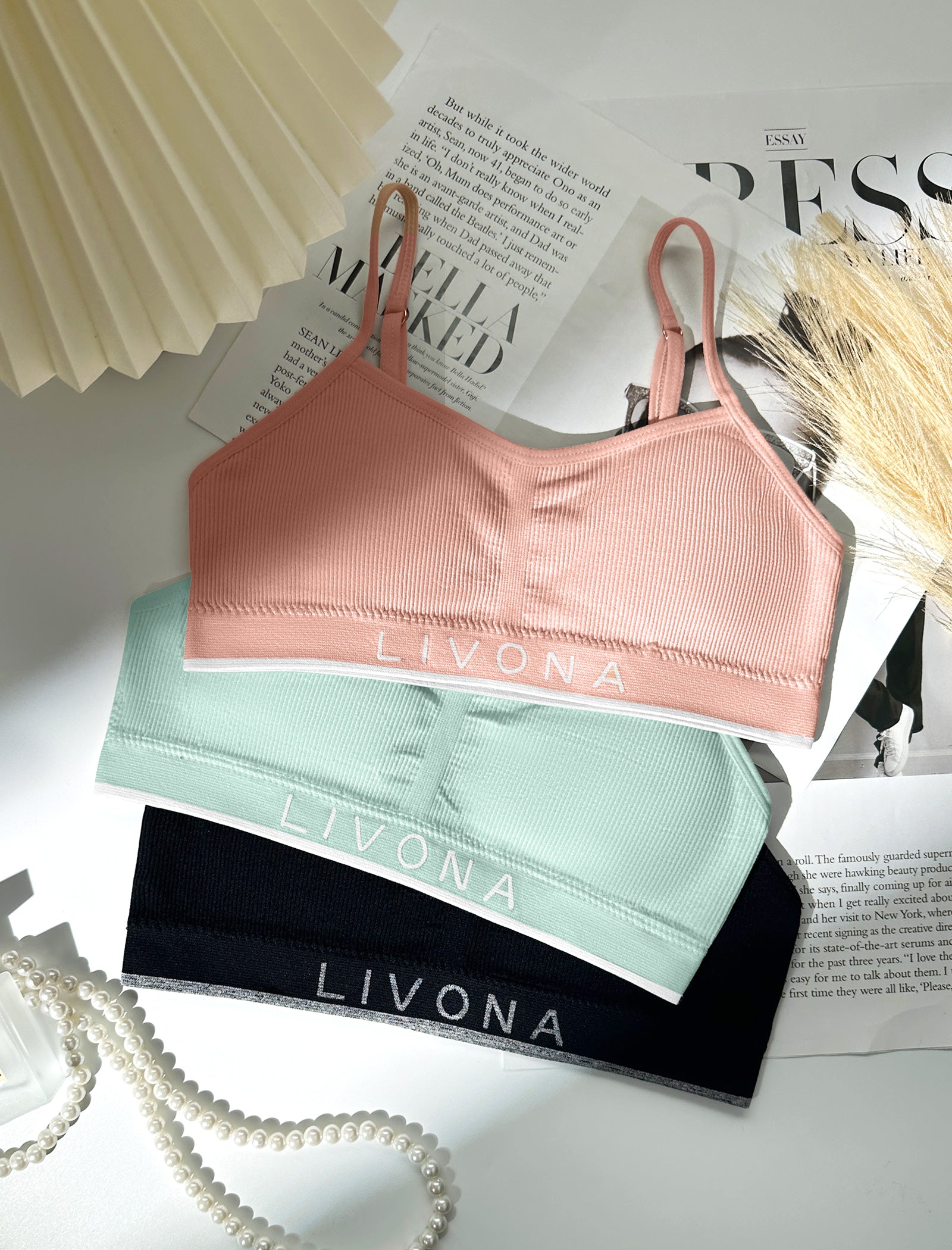 Livona 3 Pack Training Bras for Girls-Sports Bra for Teen Ribbed Wireless Bralette Fitness Padded Crop Cami Tank Top(6-14)