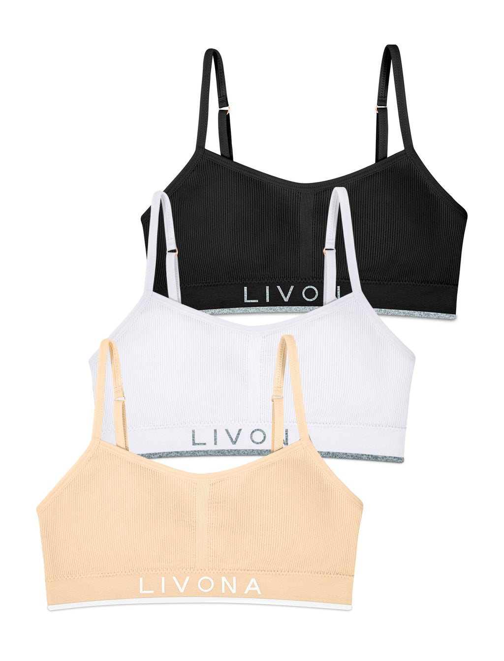 Livona 3 Pack Training Bras for Girls-Sports Bra for Teen Ribbed Wireless Bralette Fitness Padded Crop Cami Tank Top(6-14)