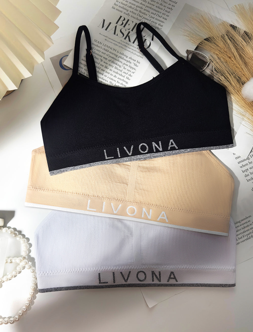 Livona 3 Pack Training Bras for Girls-Sports Bra for Teen Ribbed Wireless Bralette Fitness Padded Crop Cami Tank Top(6-14)