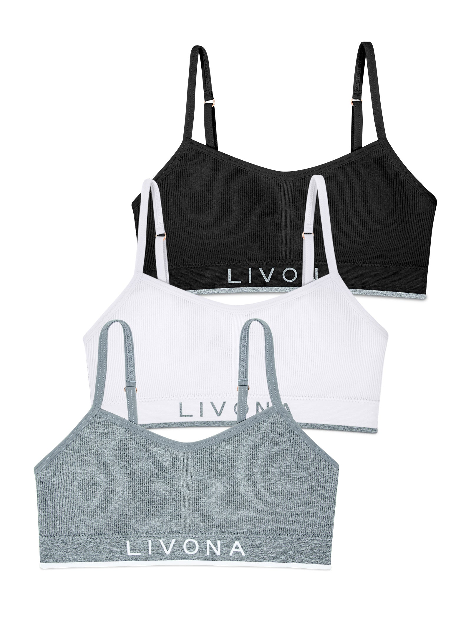 Livona 3 Pack Training Bras for Girls-Sports Bra for Teen Ribbed Wireless Bralette Fitness Padded Crop Cami Tank Top(6-14)