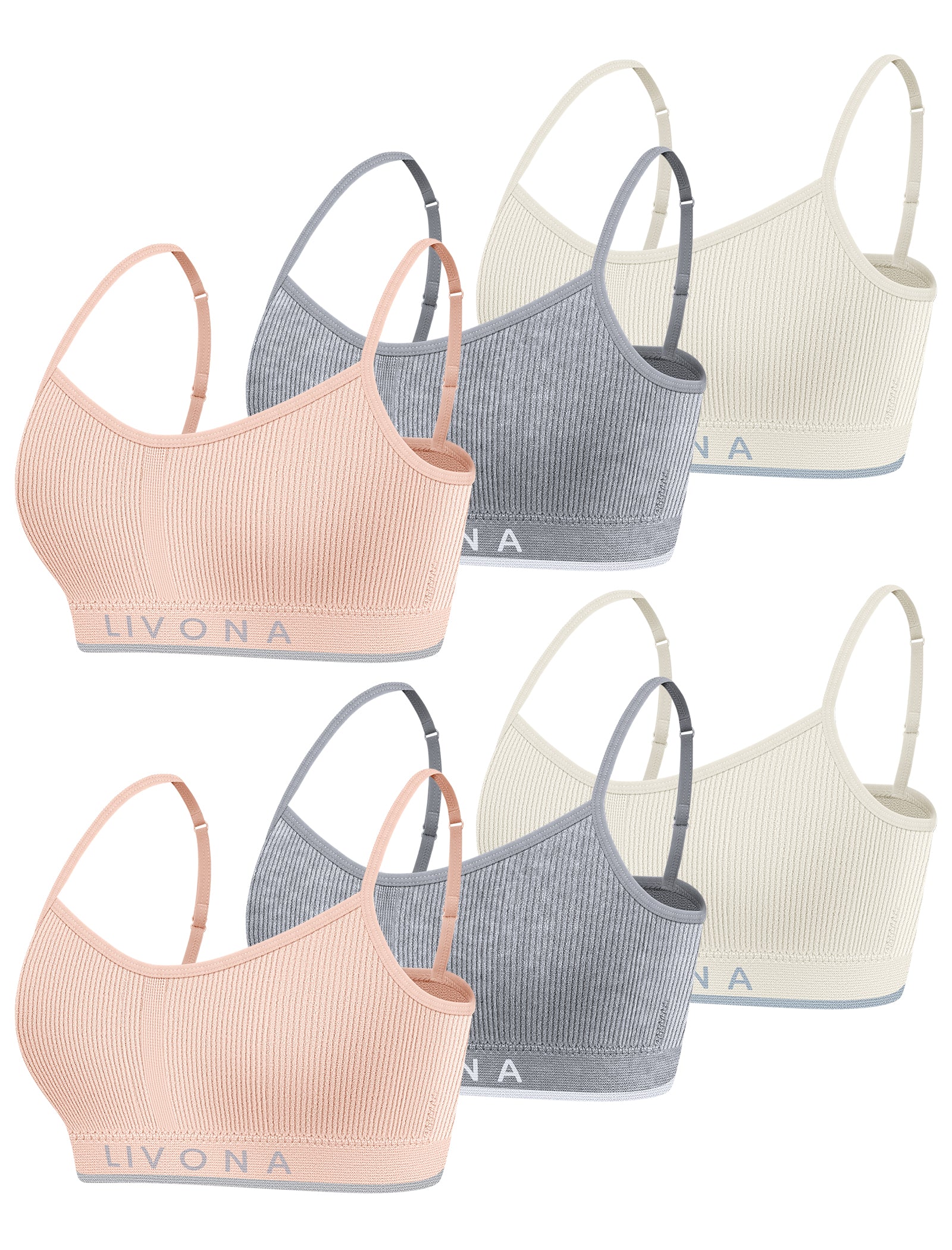 Livona 6 Pack Training Bras for Girls-Sports Bra for Teen Ribbed Wireless Bralette Fitness Padded Crop Cami Tank Top(6-14)