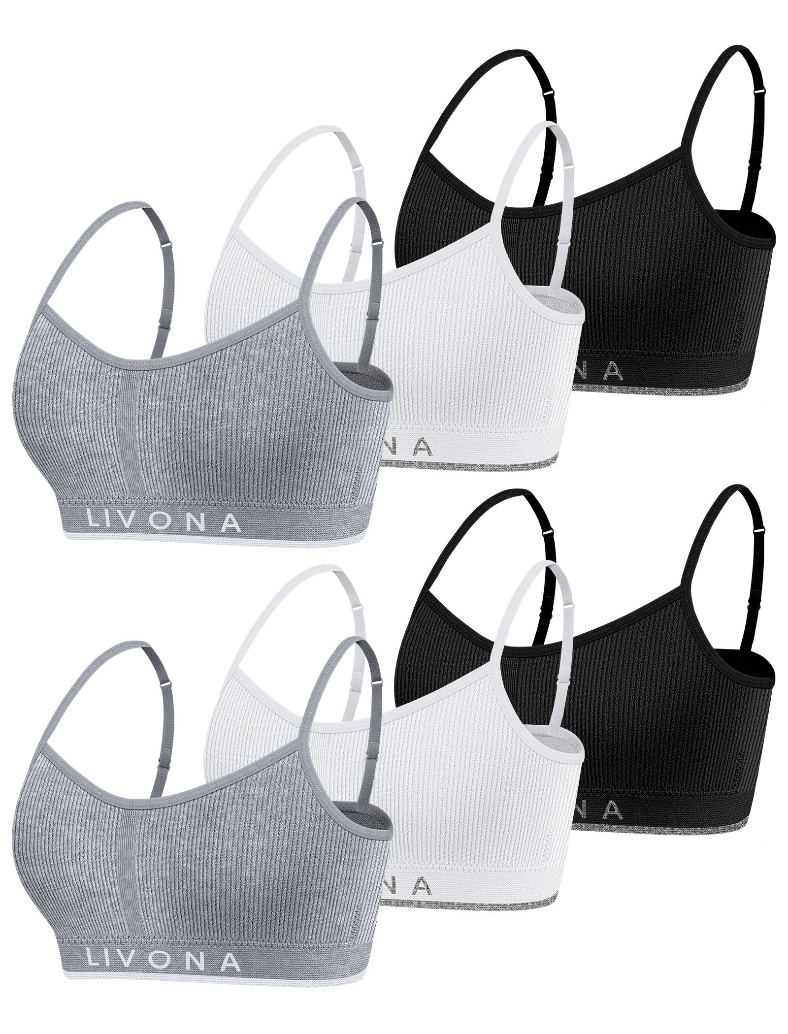 Livona 6 Pack Training Bras for Girls-Sports Bra for Teen Ribbed Wireless Bralette Fitness Padded Crop Cami Tank Top(6-14)