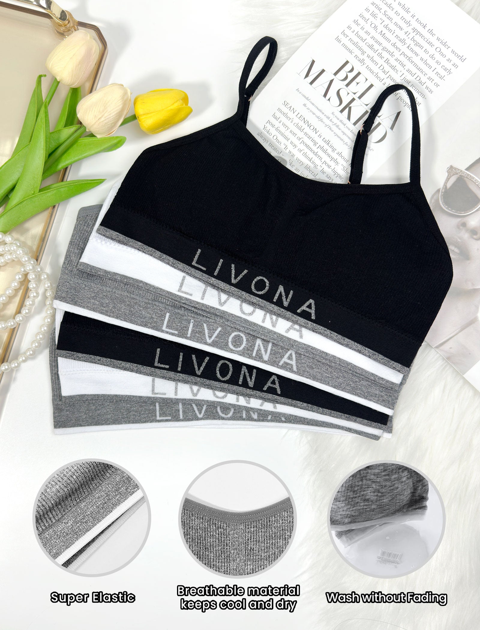 Livona 6 Pack Training Bras for Girls-Sports Bra for Teen Ribbed Wireless Bralette Fitness Padded Crop Cami Tank Top(6-14)