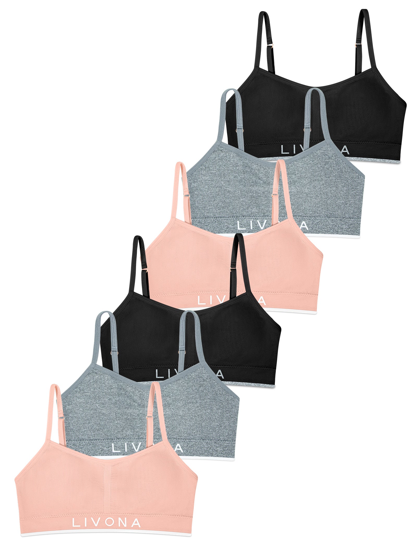Livona 6 Pack Training Bras for Girls-Sports Bra for Teen Ribbed Wireless Bralette Fitness Padded Crop Cami Tank Top(6-14)