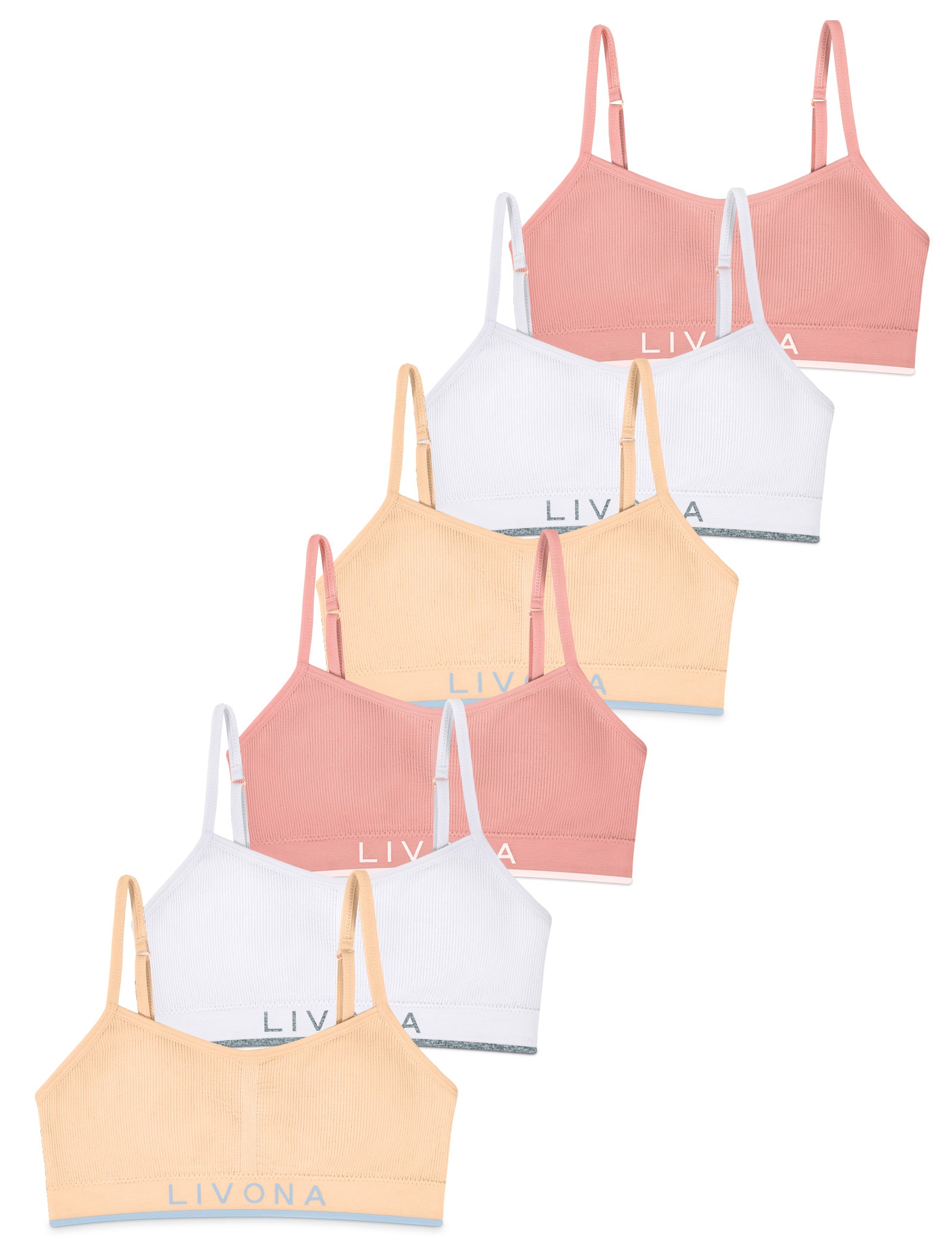Livona 6 Pack Training Bras for Girls-Sports Bra for Teen Ribbed Wireless Bralette Fitness Padded Crop Cami Tank Top(6-14)