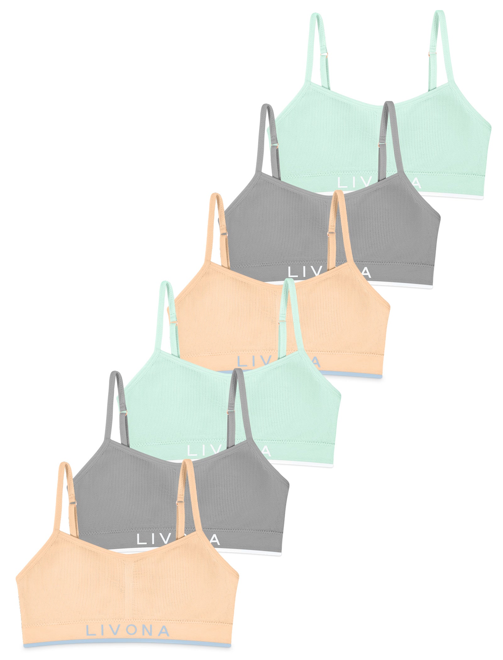 Livona 6 Pack Training Bras for Girls-Sports Bra for Teen Ribbed Wireless Bralette Fitness Padded Crop Cami Tank Top(6-14)