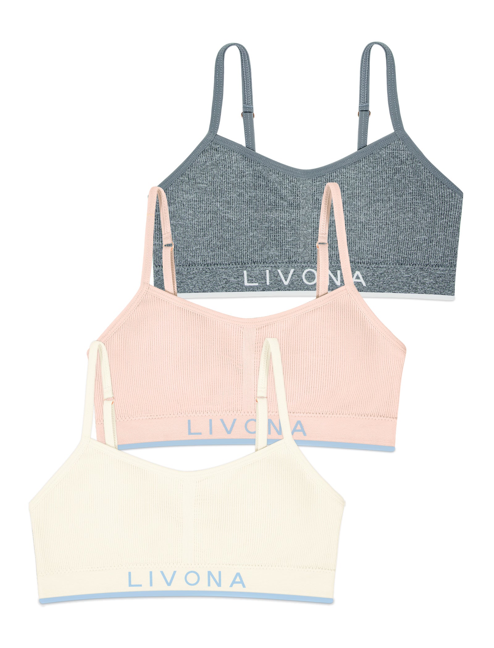 Livona 3 Pack Training Bras for Girls-Sports Bra for Teen Ribbed Wireless Bralette Fitness Padded Crop Cami Tank Top(6-14)
