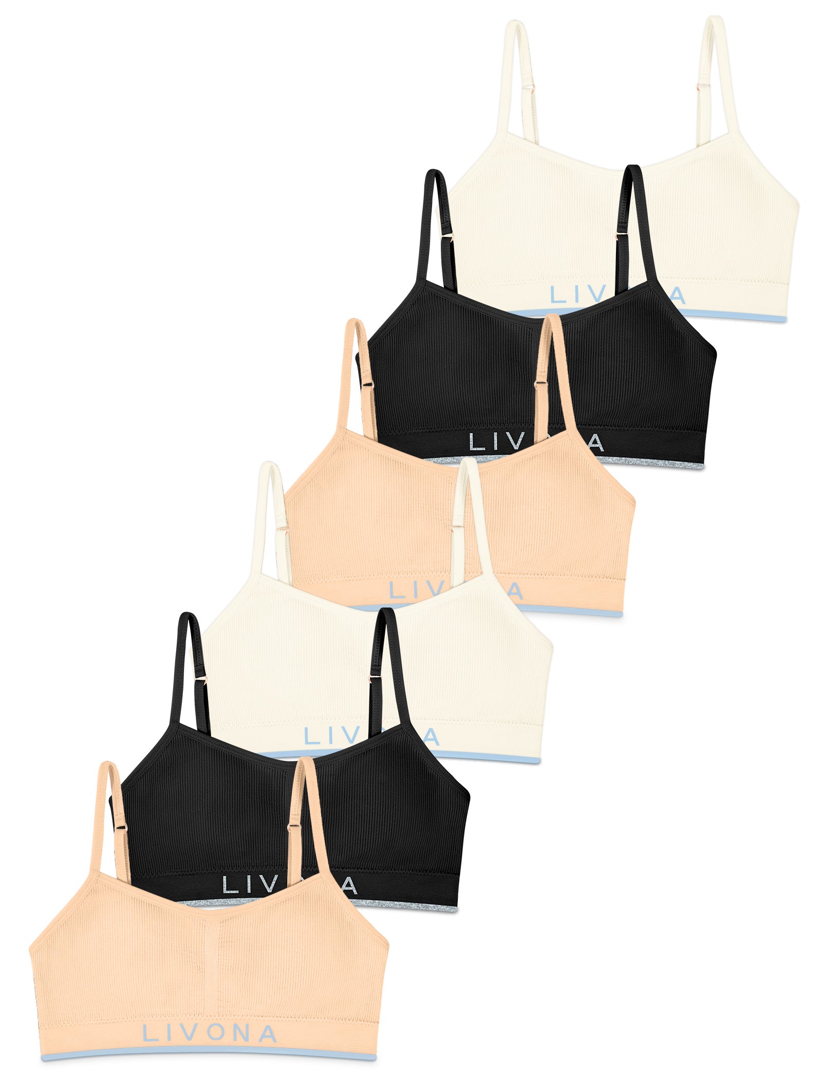 Livona 6 Pack Training Bras for Girls-Sports Bra for Teen Ribbed Wireless Bralette Fitness Padded Crop Cami Tank Top(6-14)