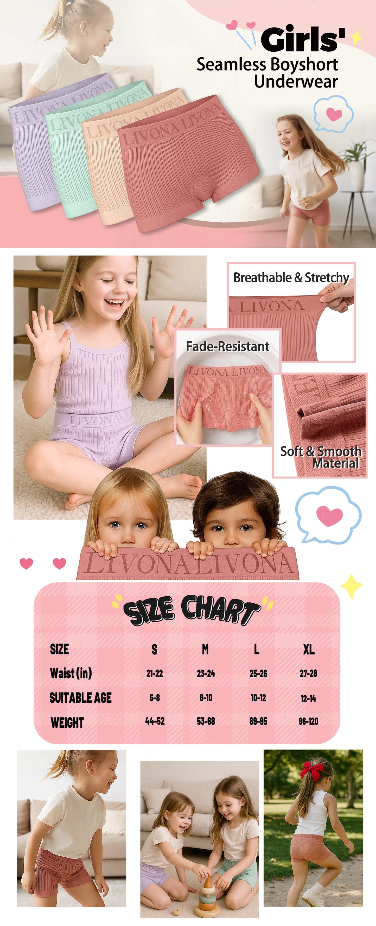 Livona 9-Pack Girls' Seamless Boyshort Underwear,Moisture-Wicking Kids Panties,No-Ride Design