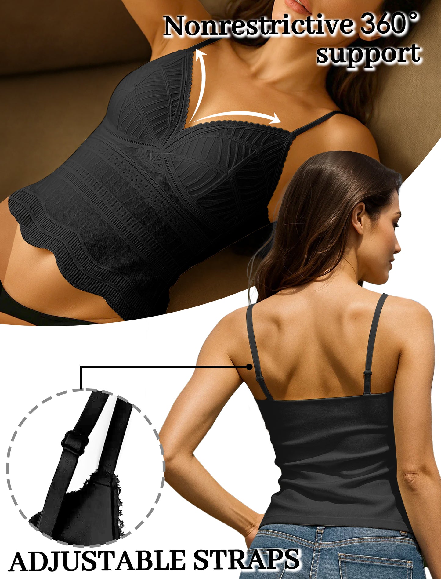 Livona Women's Lace Camisole with Built-in Bra, Wireless Comfort, Adjustable Spaghetti Straps – Soft Padded Tank Top