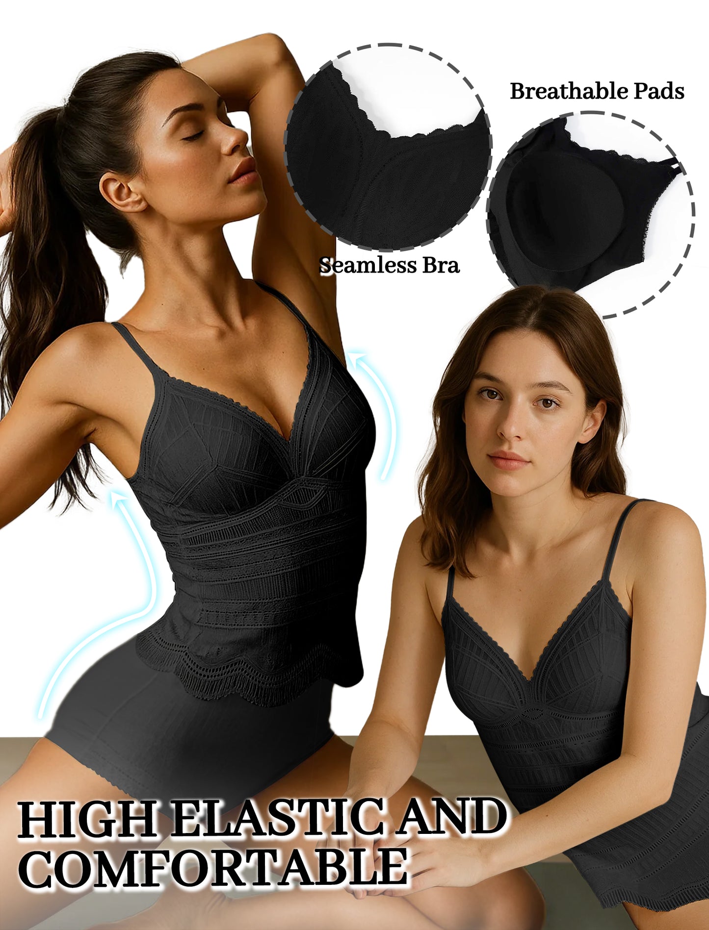 Livona Women's Lace Camisole with Built-in Bra, Wireless Comfort, Adjustable Spaghetti Straps – Soft Padded Tank Top