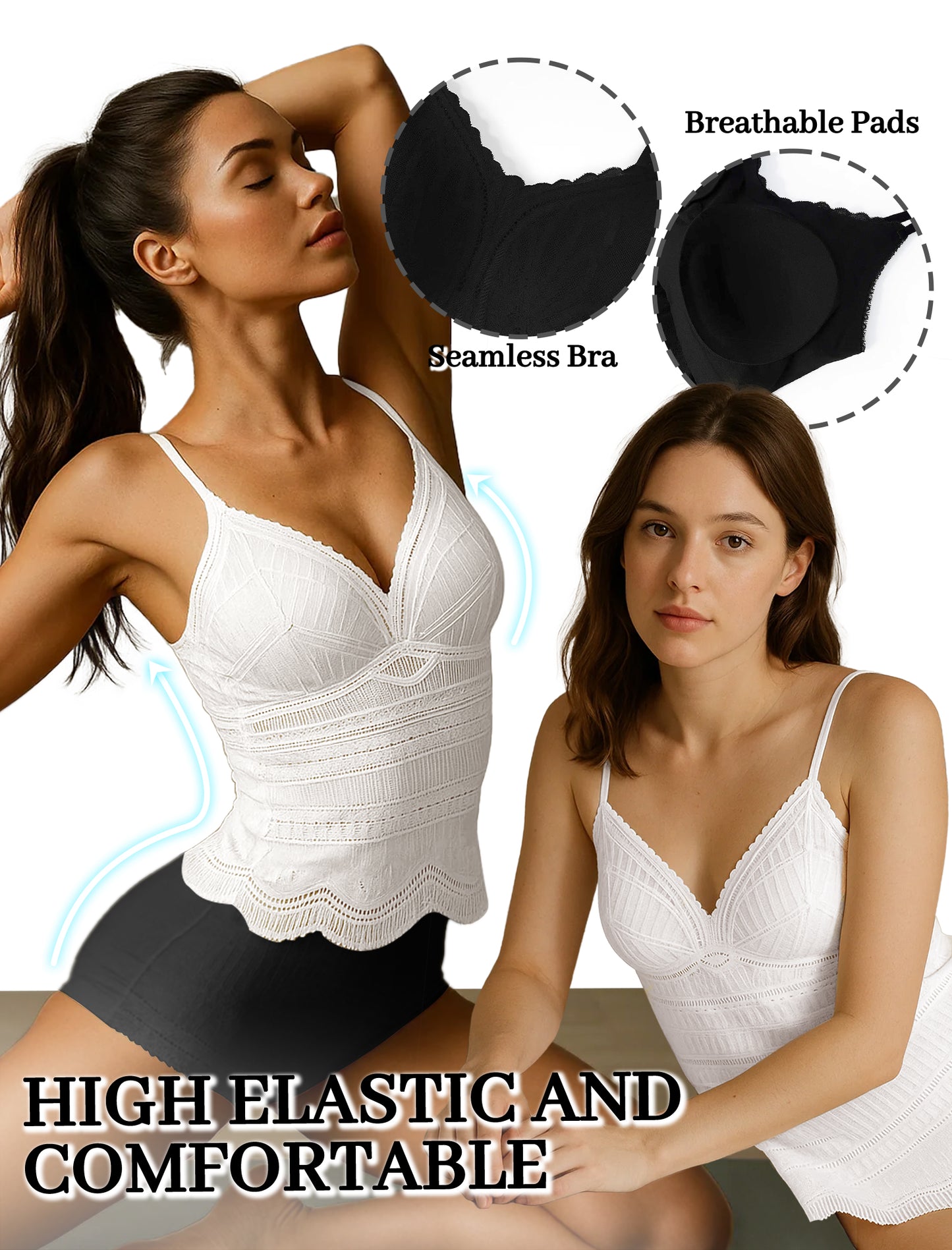 Livona Women's Lace Camisole with Built-in Bra, Wireless Comfort, Adjustable Spaghetti Straps – Soft Padded Tank Top