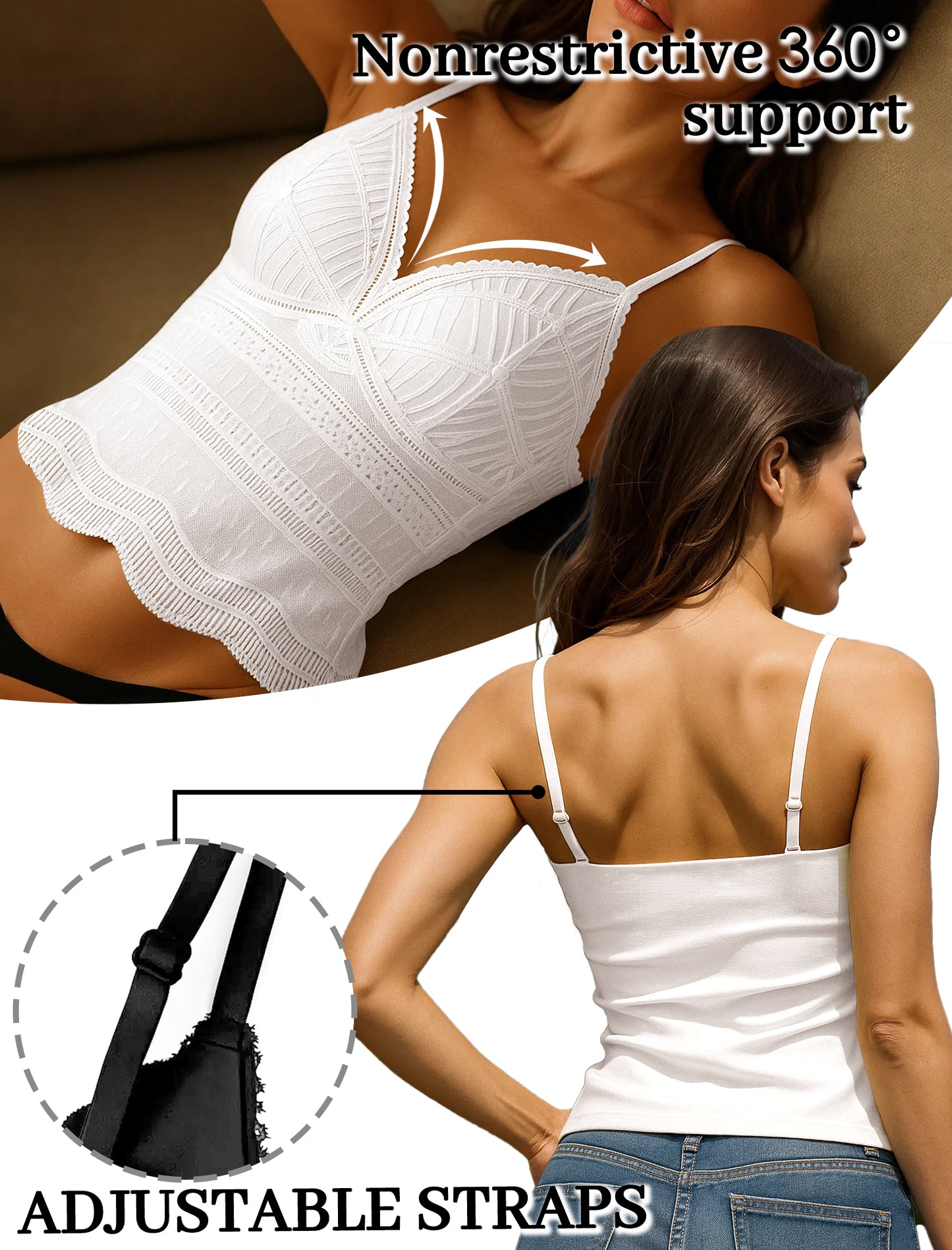 Livona Women's Lace Camisole with Built-in Bra, Wireless Comfort, Adjustable Spaghetti Straps – Soft Padded Tank Top