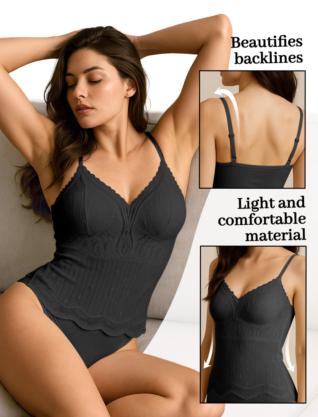 Livona Women's Lace Cami Top - Adjustable Spaghetti Straps Wireless Comfort Padded Tank for Sleep Lounge