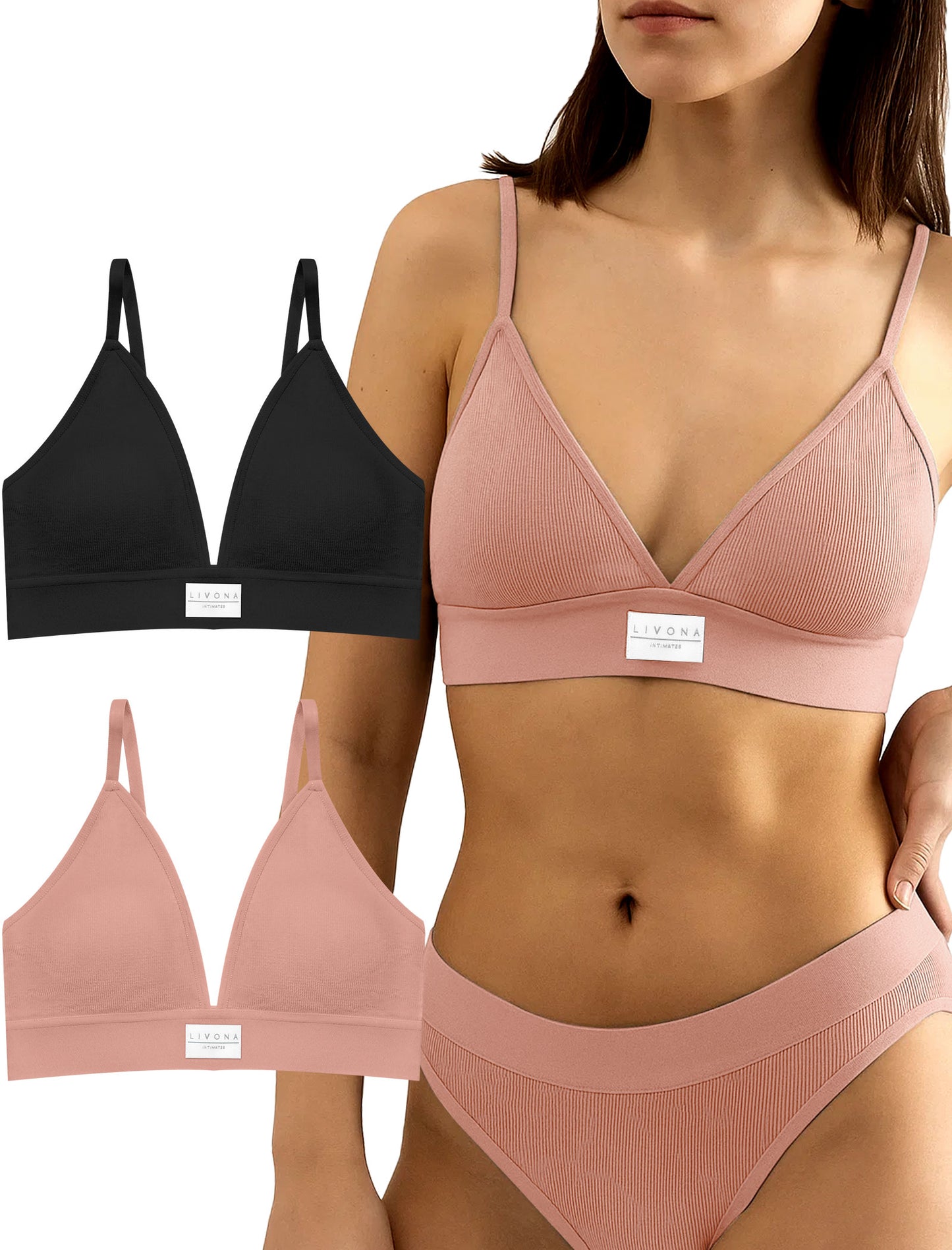 Livona Sports Bras for Women - 2 Pack V-Neck Wireless Bra Bralettes with Support Comfort Plunge Workout Tops Padded Fitness Cami Crop Tank S-XXL