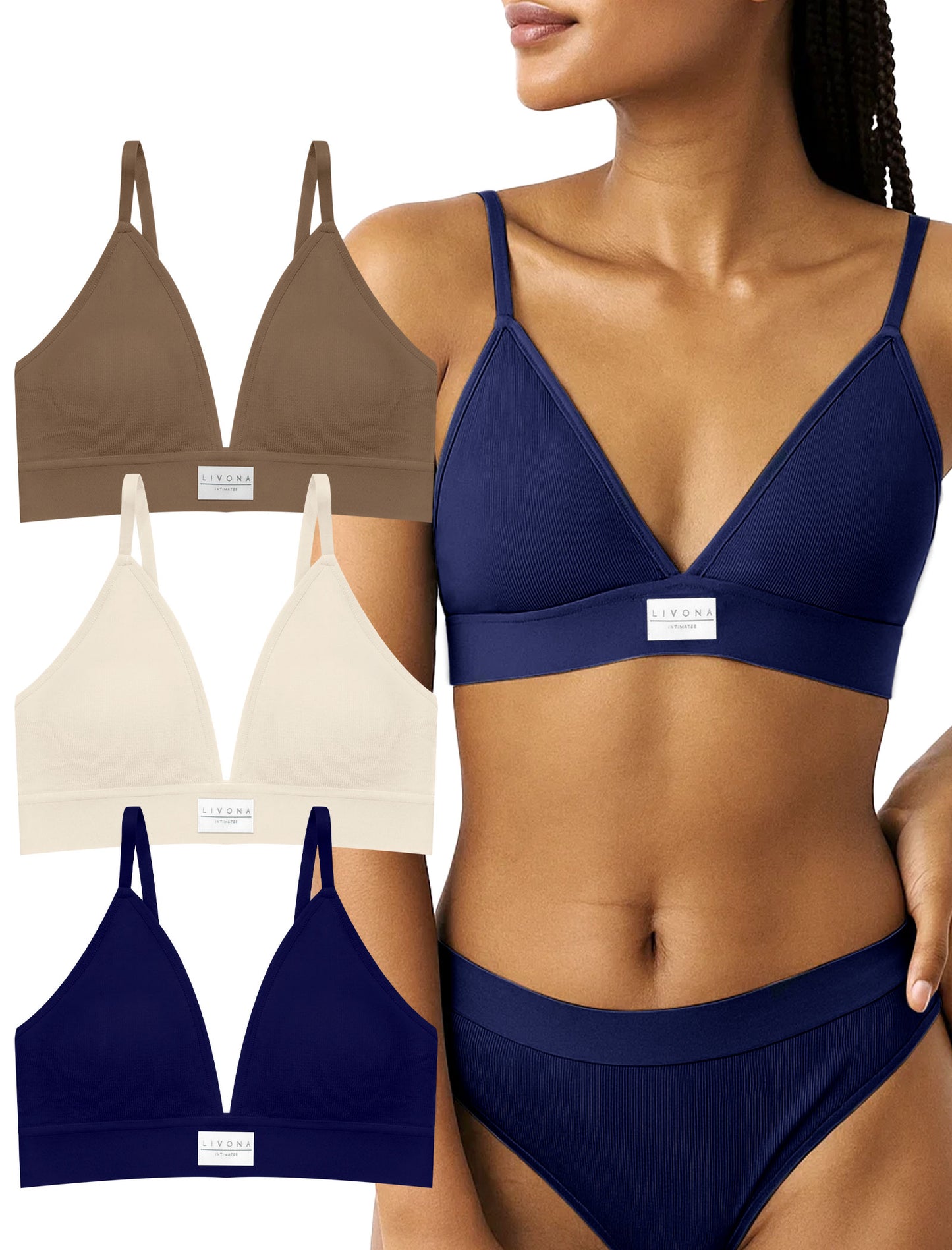 Livona 3 Pack Sports Bras for Women - V-Neck Wireless Bralettes with Support Comfort Plunge Padded Fitness Cami Crop S-XXL