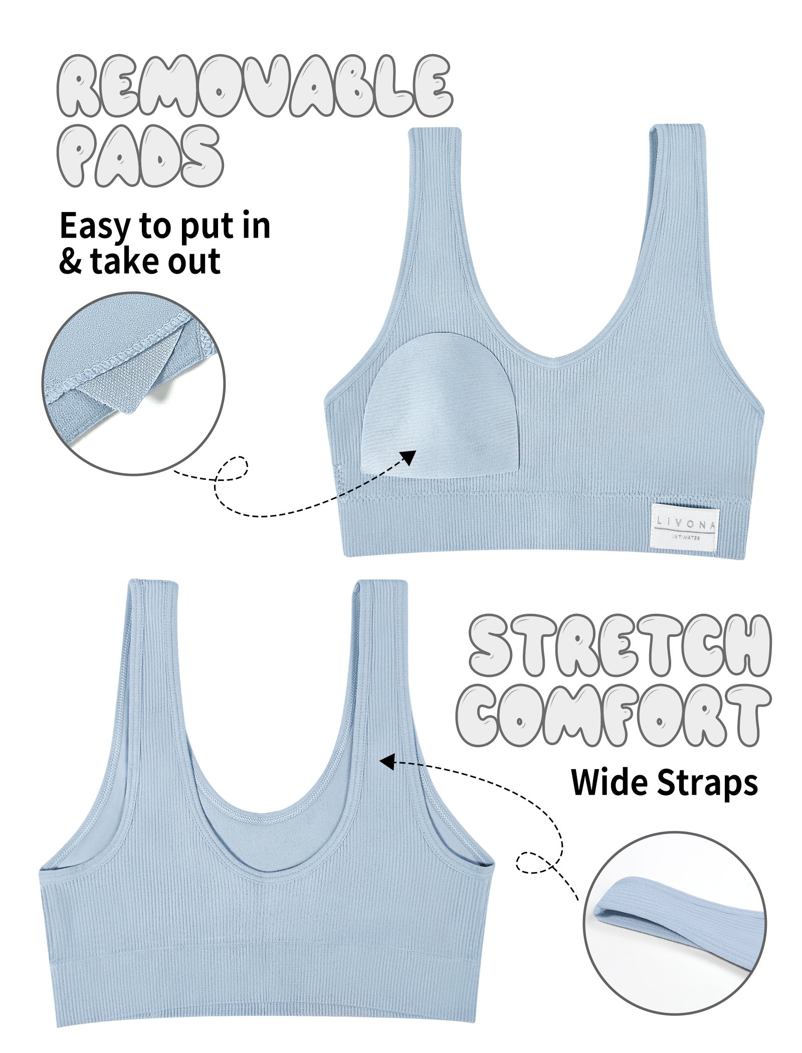 Livona 3 Packs Girls Sports Bra Crop Tops for Kids Training Bra Cute Crop Tops for Girls Cami Bra( 6-14）