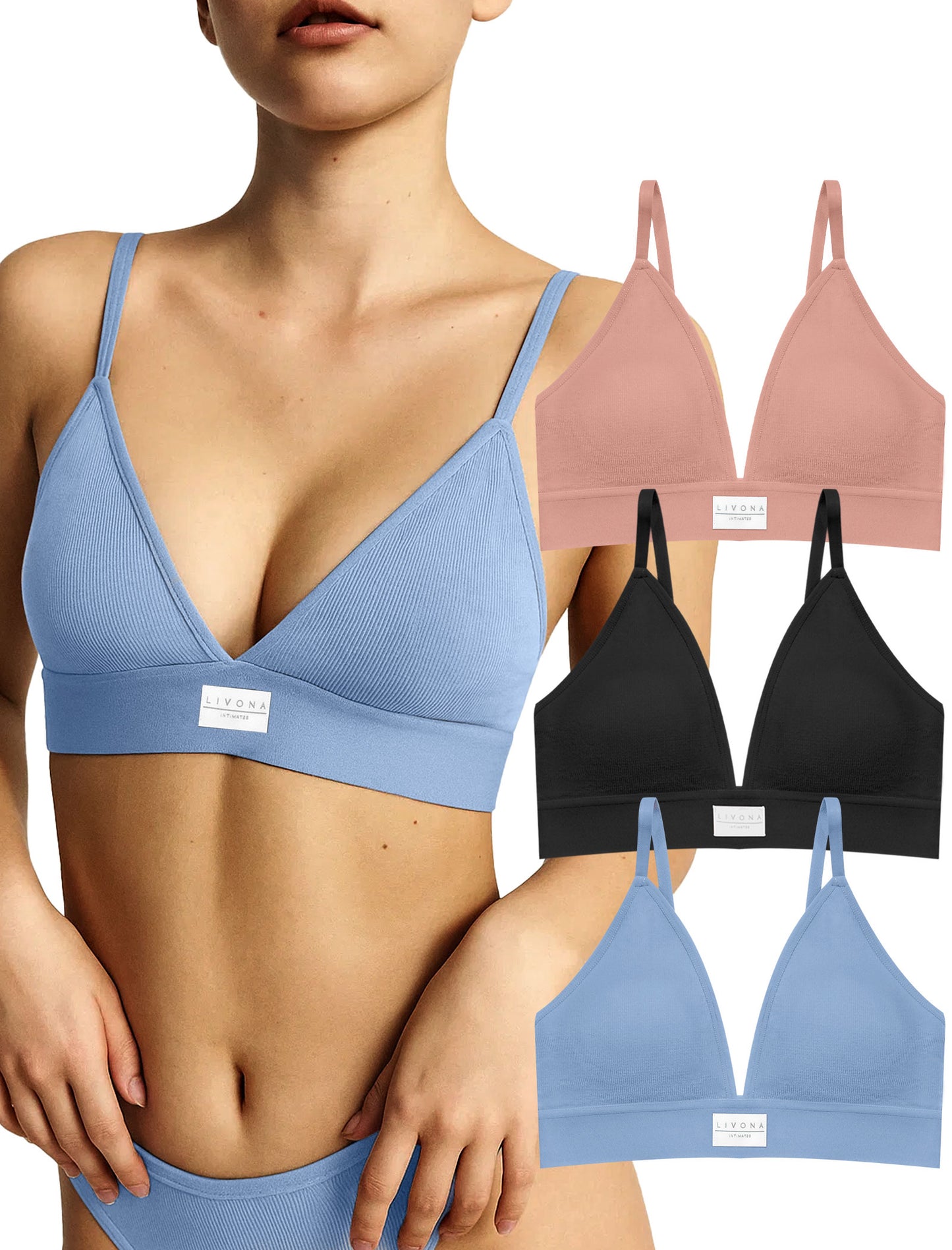 Livona 3 Pack Sports Bras for Women - V-Neck Wireless Bralettes with Support Comfort Plunge Padded Fitness Cami Crop S-XXL