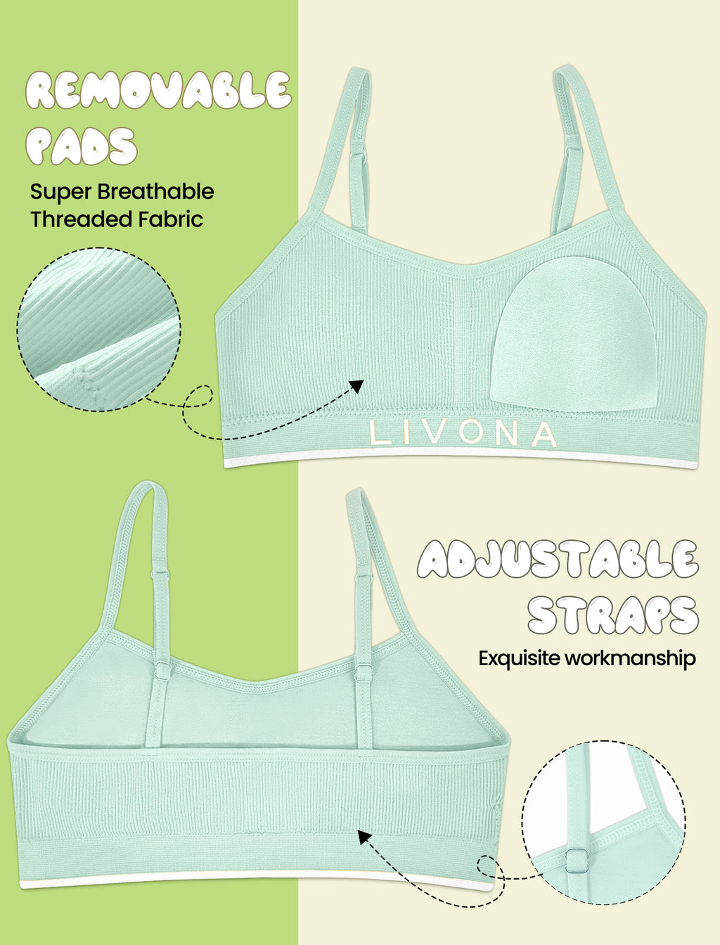 Livona 6 Pack Training Bras for Girls-Sports Bra for Teen Ribbed Wireless Bralette Fitness Padded Crop Cami Tank Top(6-14)